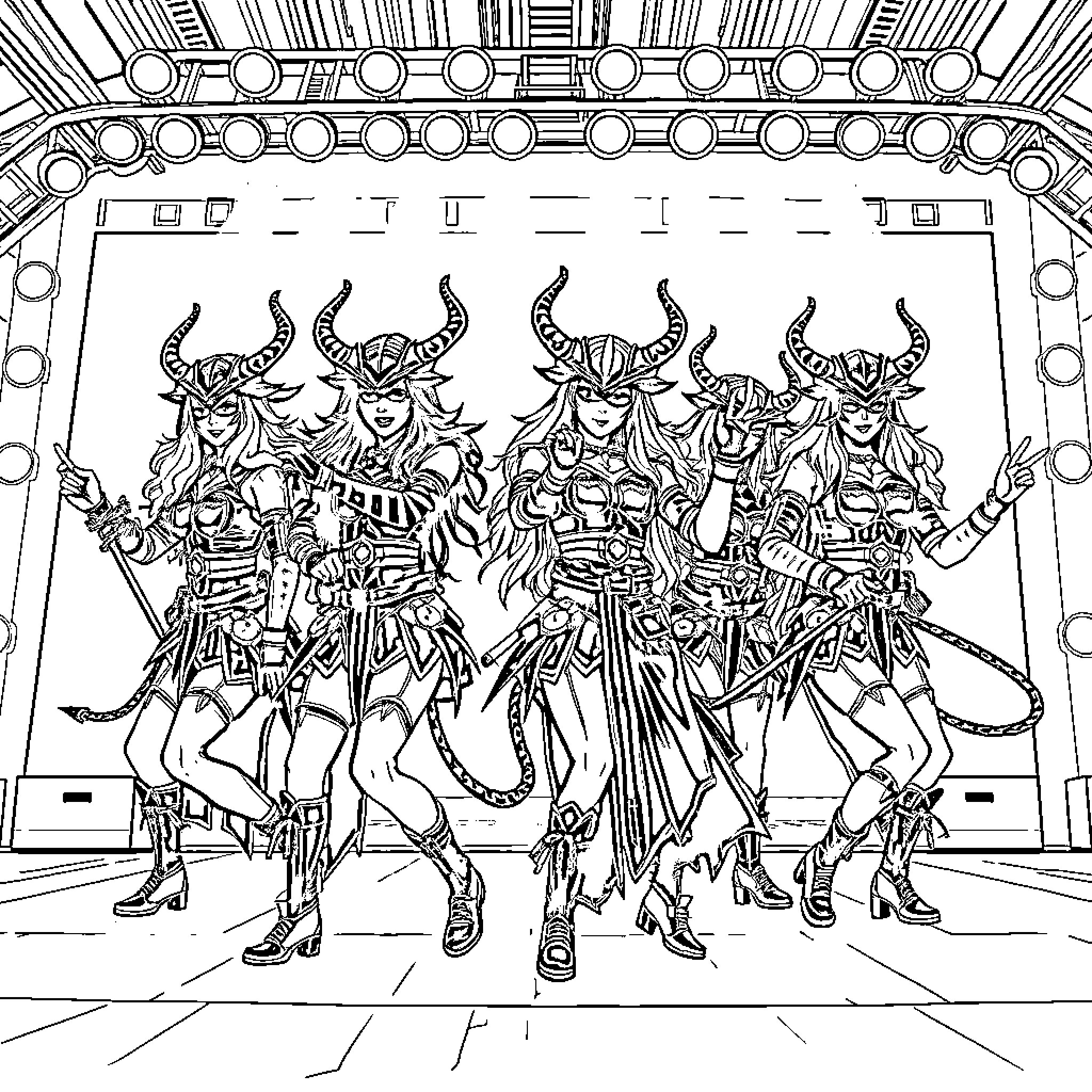 Demon Slayer Warriors in Action-Packed Battle Pose Coloring Page (free black-and-white line drawing printable PDF for all, from beginners to advanced learners, including children, teens, adults, and seniors)