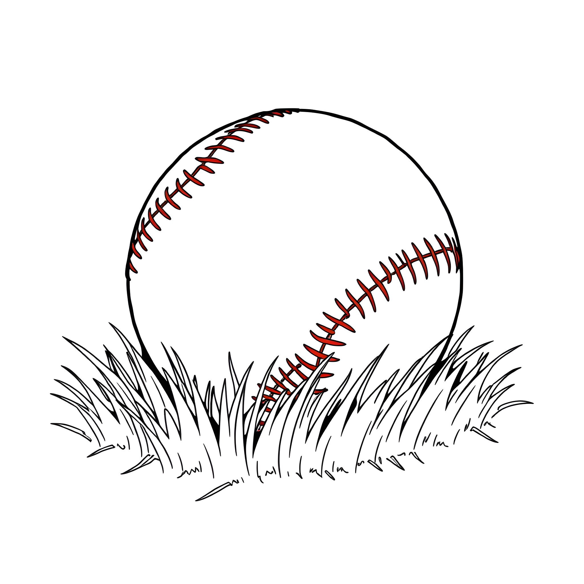 Baseball in the Grass Coloring Page (free black-and-white line drawing printable PDF for all, from beginners to advanced learners, including children, teens, adults, and seniors)