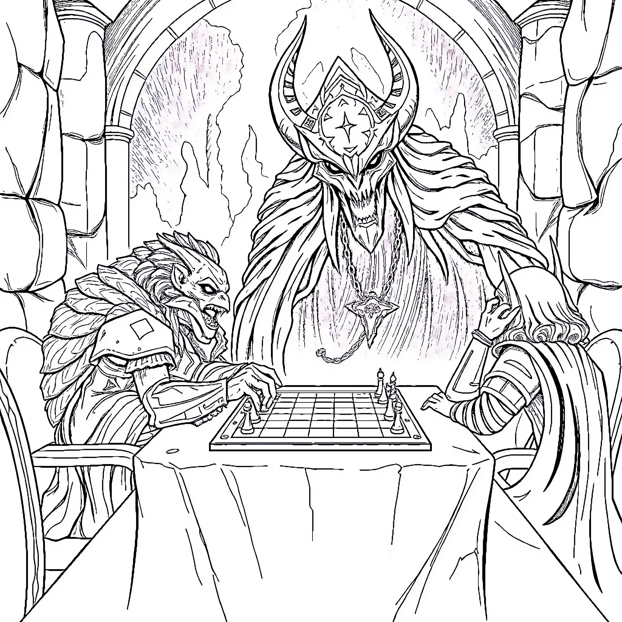 Frodo playing chess with mysterious figures in a dark realm Coloring Page (free black-and-white line drawing printable PDF for all, from beginners to advanced learners, including children, teens, adults, and seniors)
