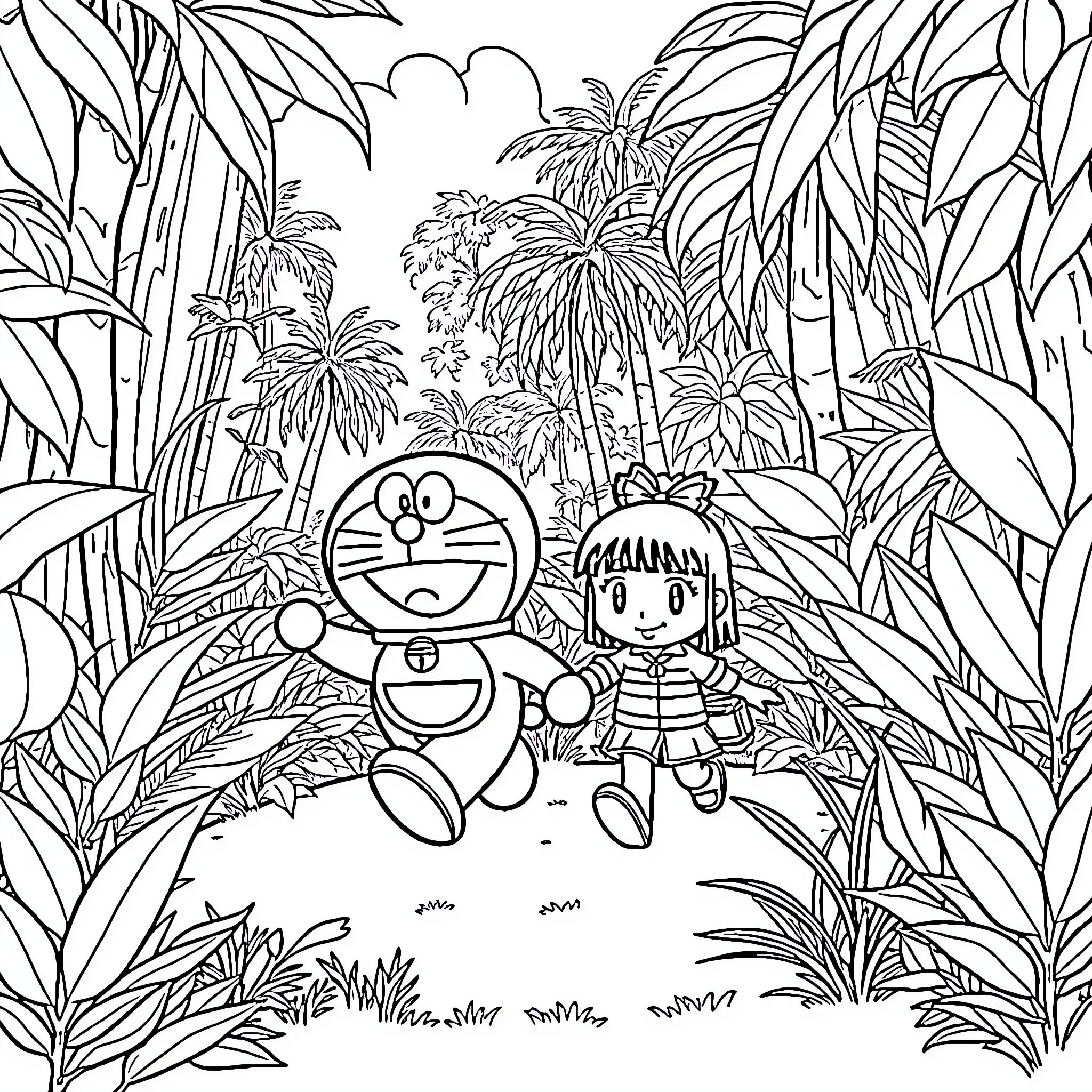 Doraemon and Nobita exploring the jungle adventure Coloring Page (free black-and-white line drawing printable PDF for all, from beginners to advanced learners, including children, teens, adults, and seniors)