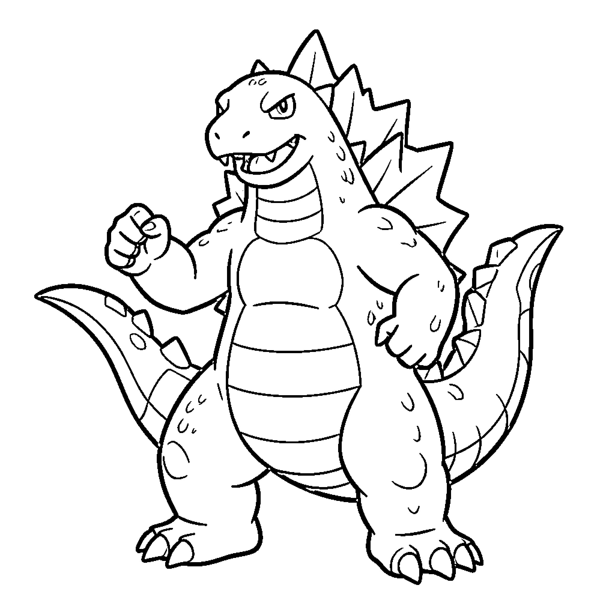 Godzilla standing in a powerful and ready pose Coloring Page (free black-and-white line drawing printable PDF for all, from beginners to advanced learners, including children, teens, adults, and seniors)