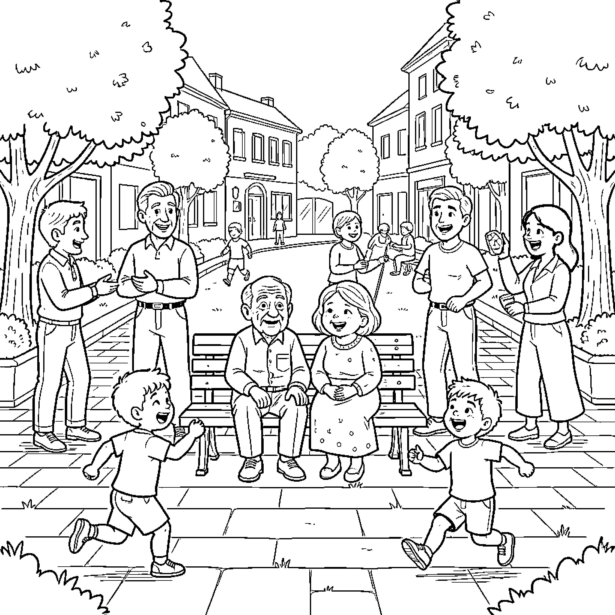 Abuelito y Abuelita enjoying a family gathering outdoors Coloring Page (free black-and-white line drawing printable PDF for all, from beginners to advanced learners, including children, teens, adults, and seniors)