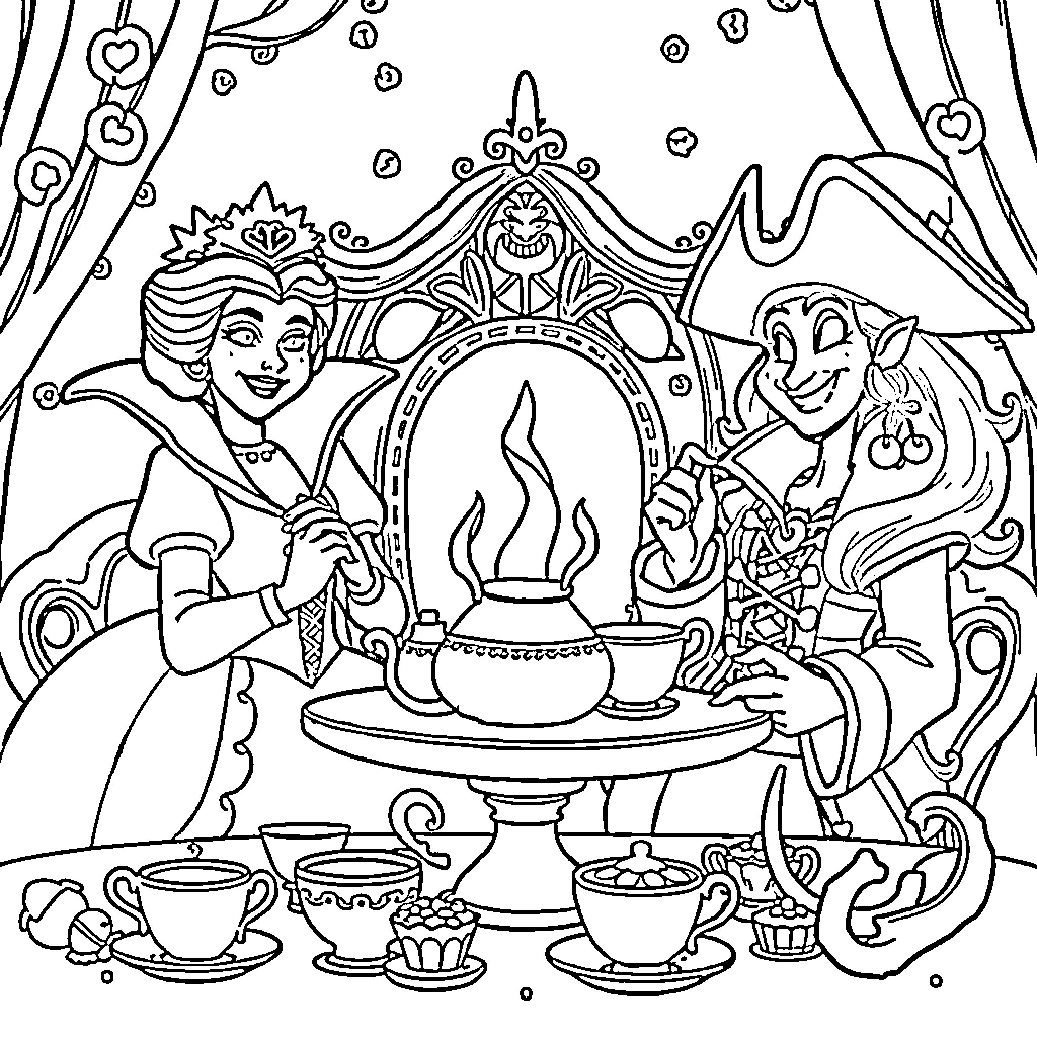 Queen Enjoying a Royal Tea Party with Companions Coloring Page (free black-and-white line drawing printable PDF for all, from beginners to advanced learners, including children, teens, adults, and seniors)