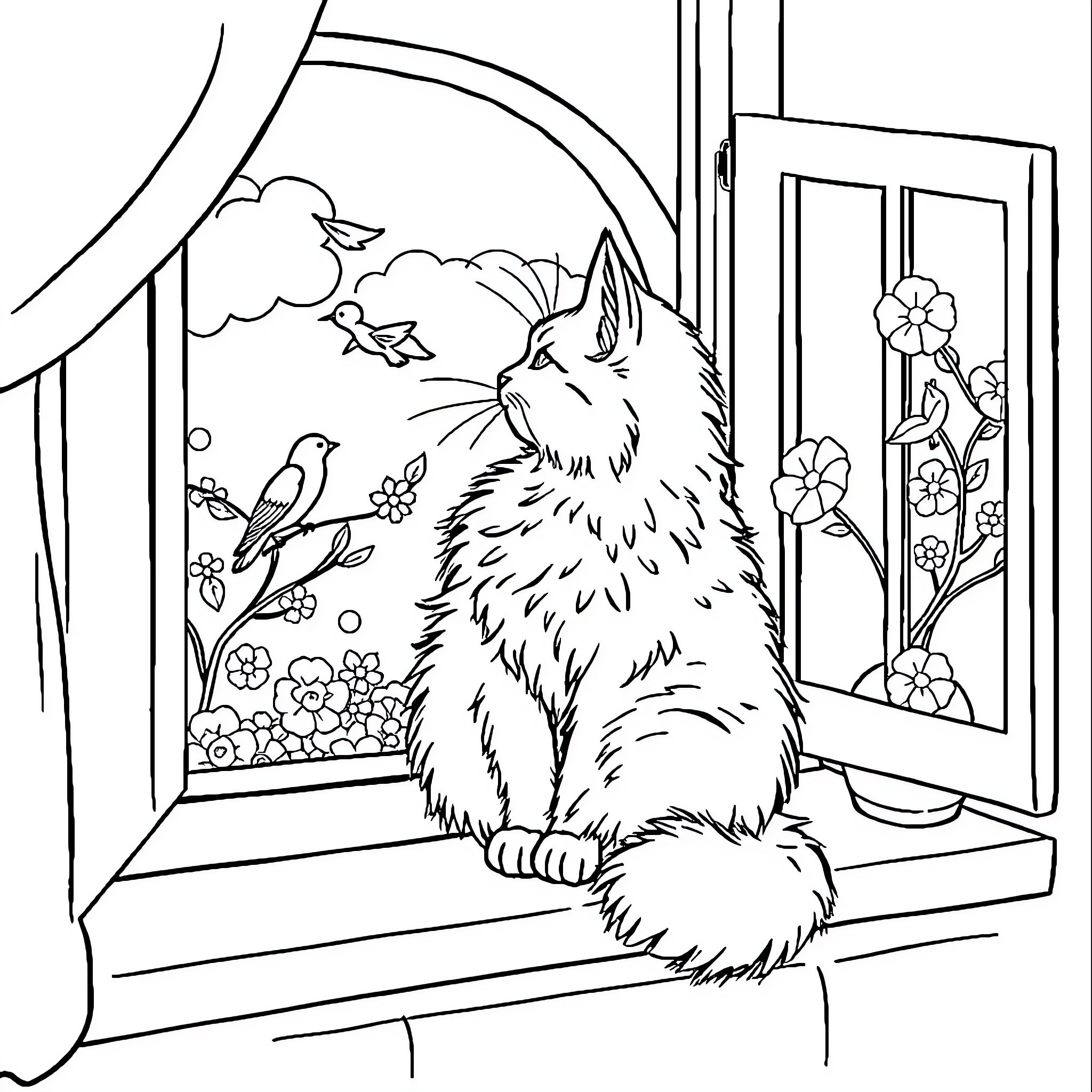 Cat admiring nature through window Coloring Page (free black-and-white line drawing printable PDF for all, from beginners to advanced learners, including children, teens, adults, and seniors)