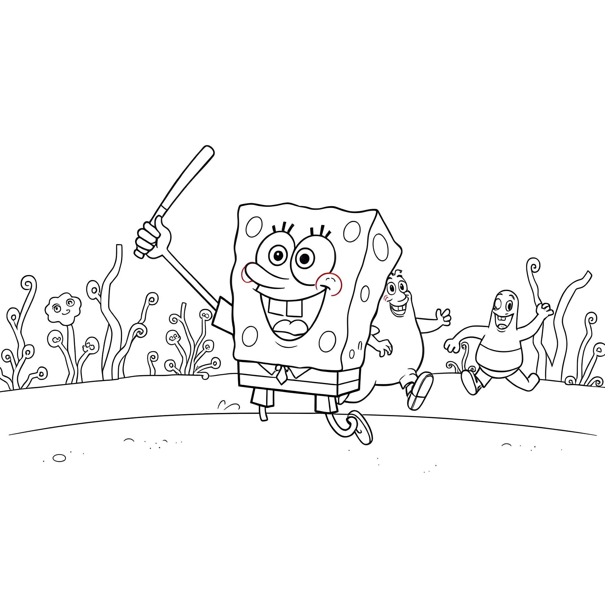 Spongebob and friends in a cheerful scene Coloring Page (free black-and-white line drawing printable PDF for all, from beginners to advanced learners, including children, teens, adults, and seniors)