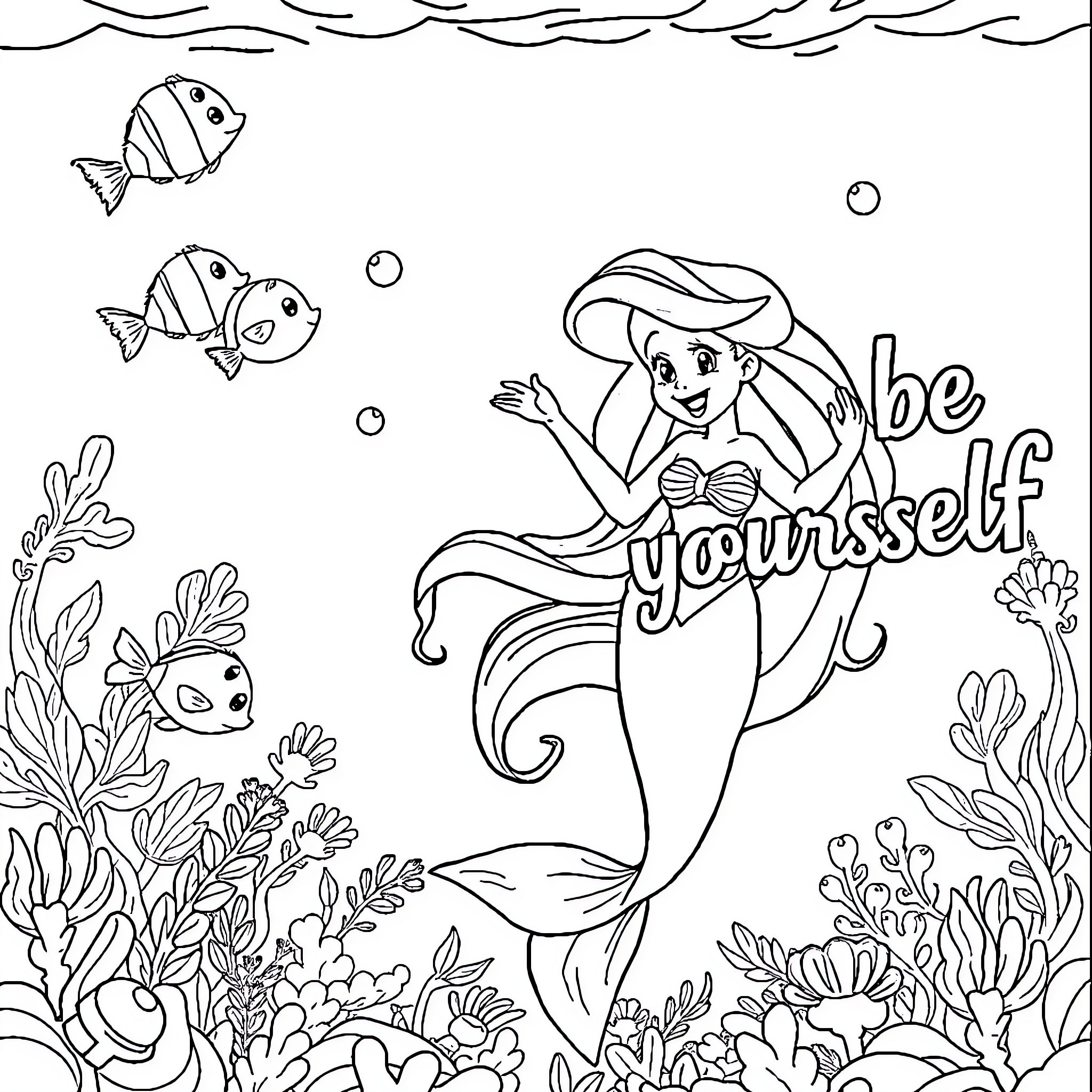 Ariel embracing her individuality under the sea Coloring Page (free black-and-white line drawing printable PDF for all, from beginners to advanced learners, including children, teens, adults, and seniors)