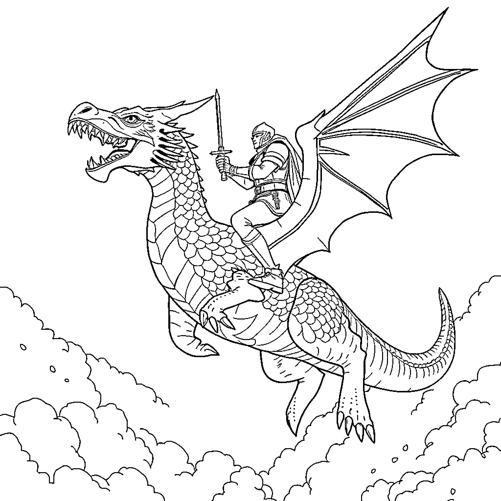 Knight riding a ferocious dragon in the sky Coloring Page (free black-and-white line drawing printable PDF for all, from beginners to advanced learners, including children, teens, adults, and seniors)