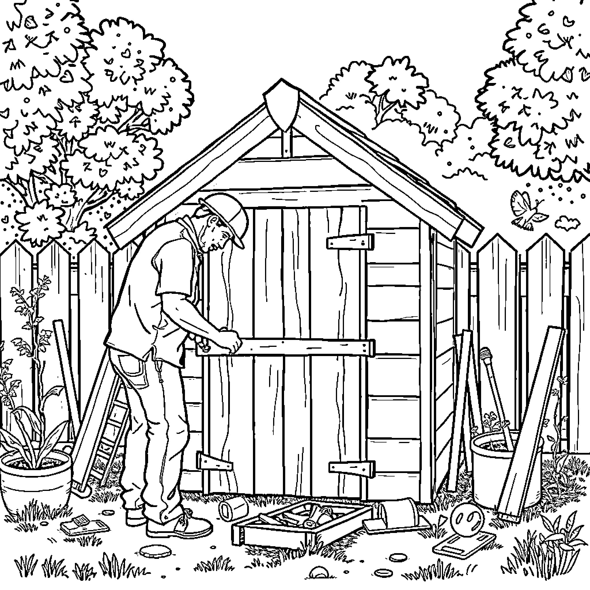 Pat and Mat working on their garden shed Coloring Page (free black-and-white line drawing printable PDF for all, from beginners to advanced learners, including children, teens, adults, and seniors)