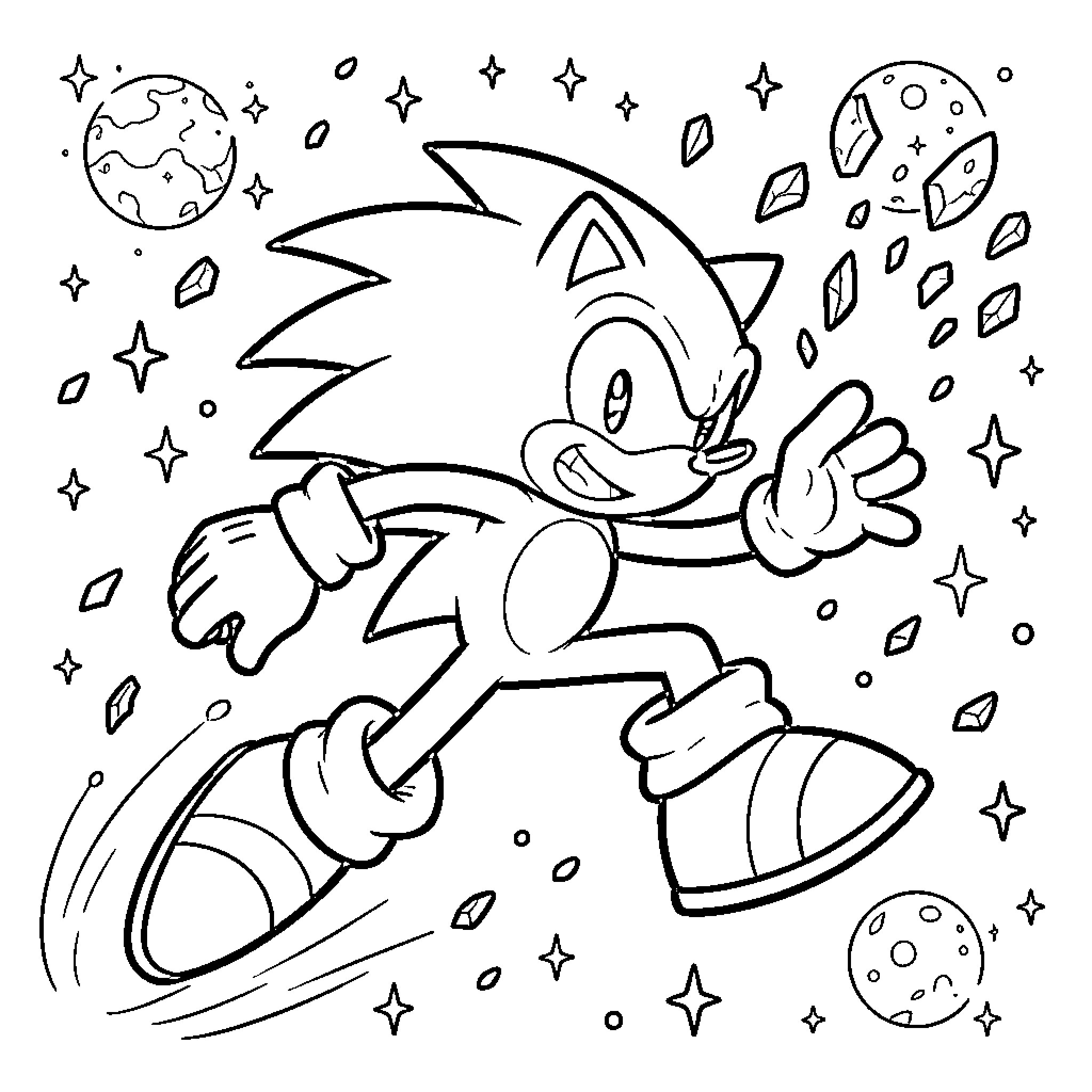 Sonic the Hedgehog running through a cosmic landscape Coloring Page (free black-and-white line drawing printable PDF for all, from beginners to advanced learners, including children, teens, adults, and seniors)
