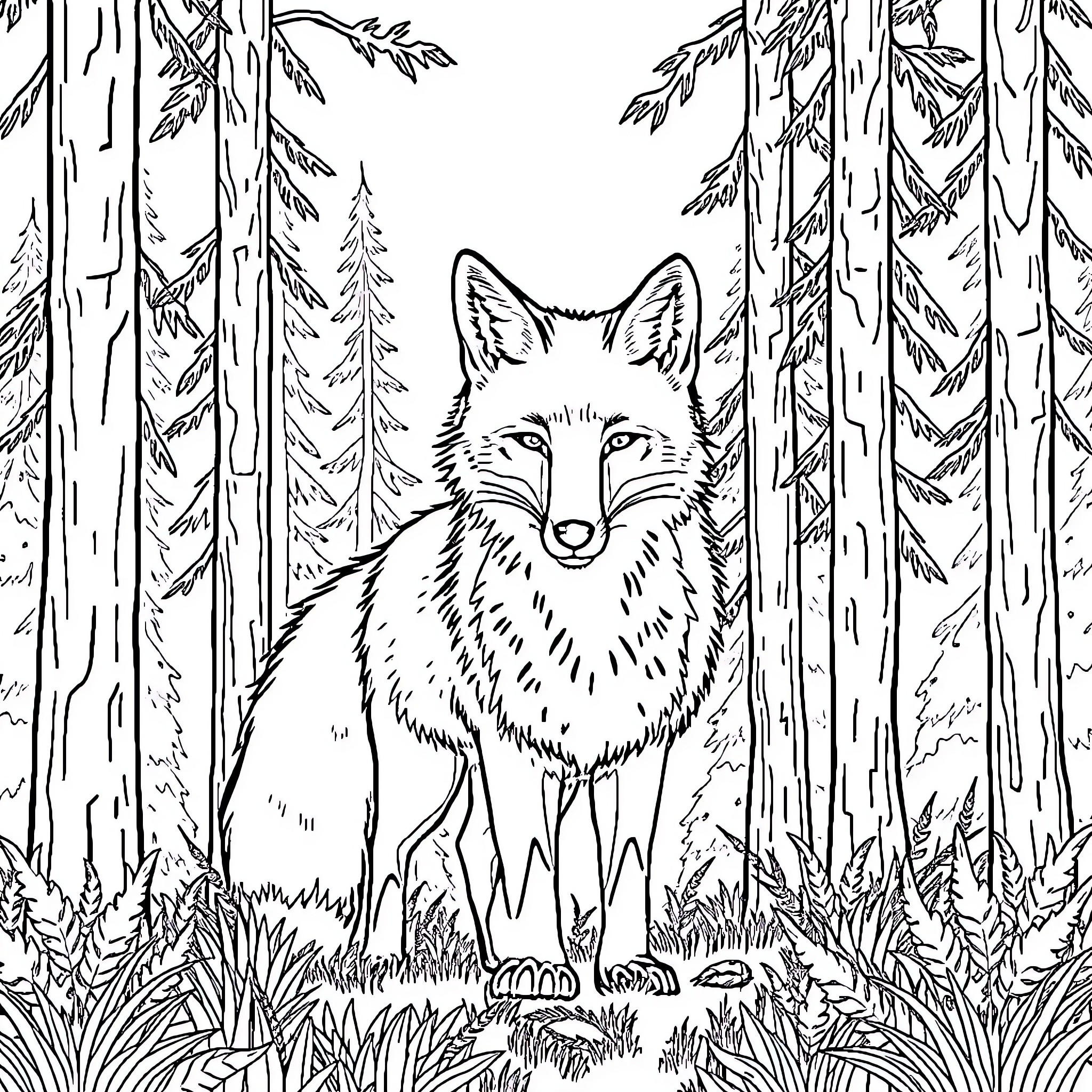 Fox hidden in the tranquil forest Coloring Page (free black-and-white line drawing printable PDF for all, from beginners to advanced learners, including children, teens, adults, and seniors)