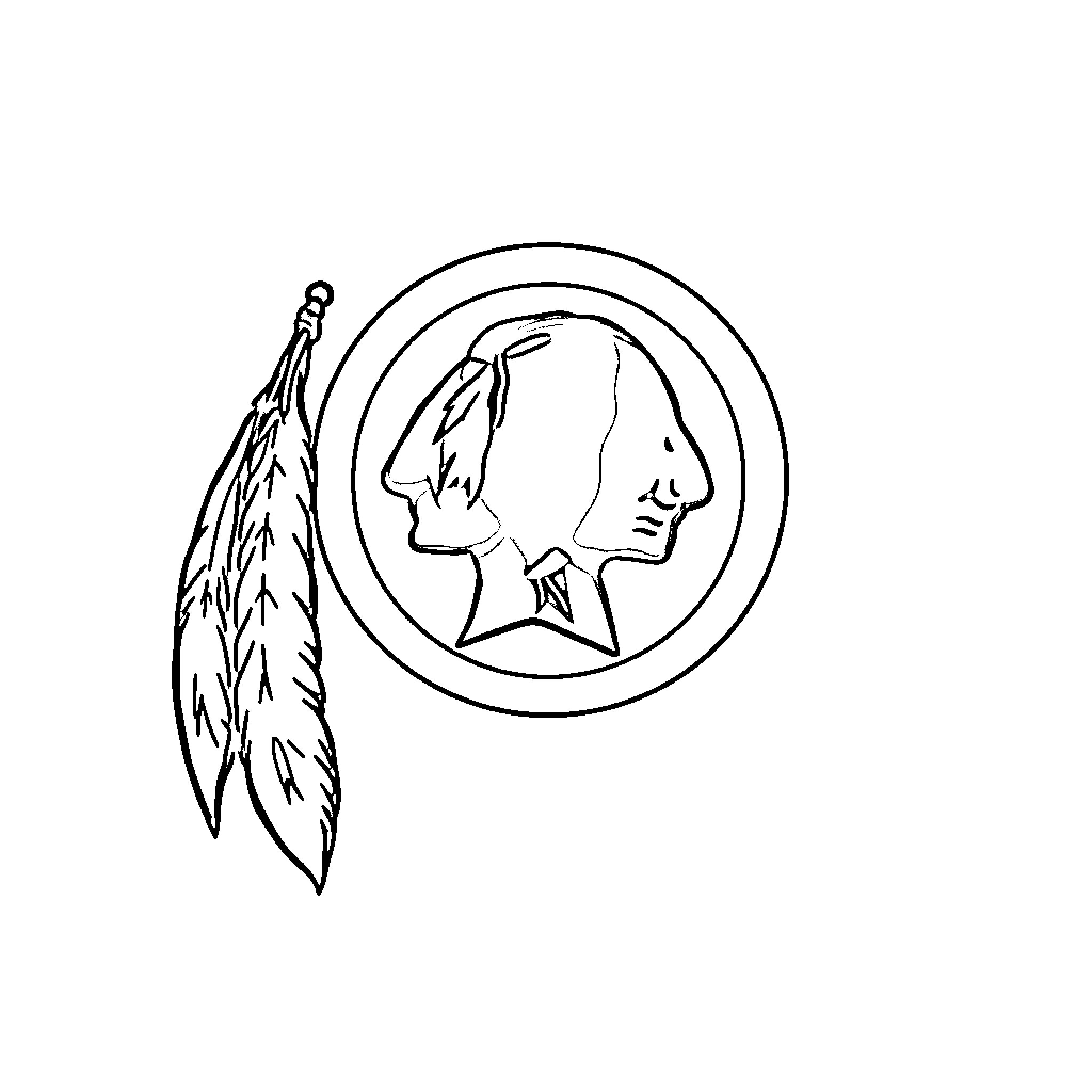 Redskins logo with feather and profile Coloring Page (free black-and-white line drawing printable PDF for all, from beginners to advanced learners, including children, teens, adults, and seniors)