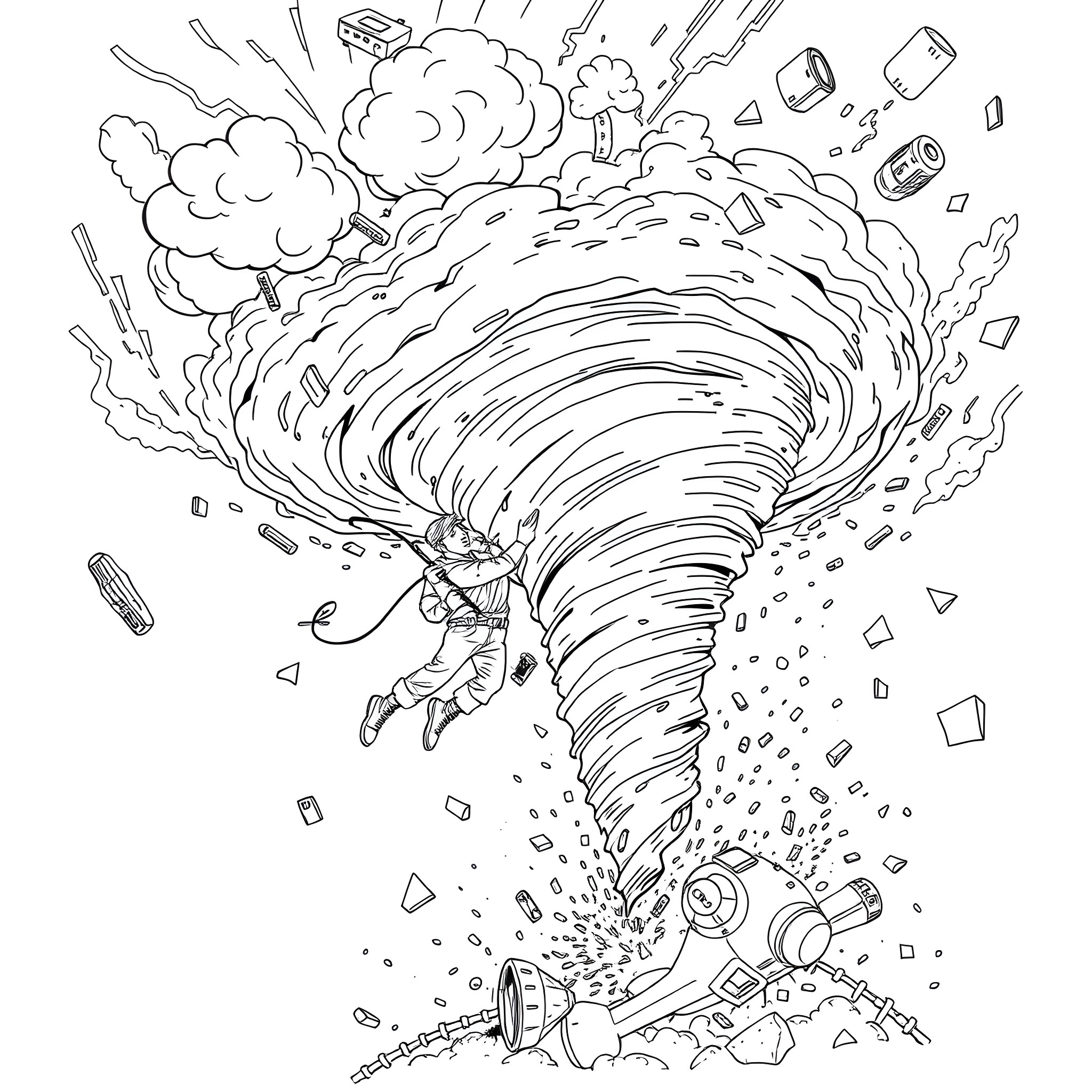 Weatherman Caught in Powerful Tornado Coloring Page (free black-and-white line drawing printable PDF for all, from beginners to advanced learners, including children, teens, adults, and seniors)