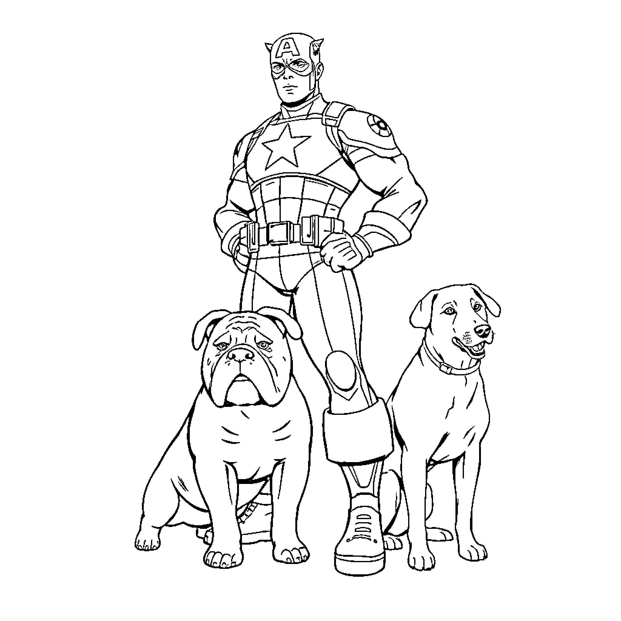 Captain America with Loyal Dog Companions Coloring Page (free black-and-white line drawing printable PDF for all, from beginners to advanced learners, including children, teens, adults, and seniors)
