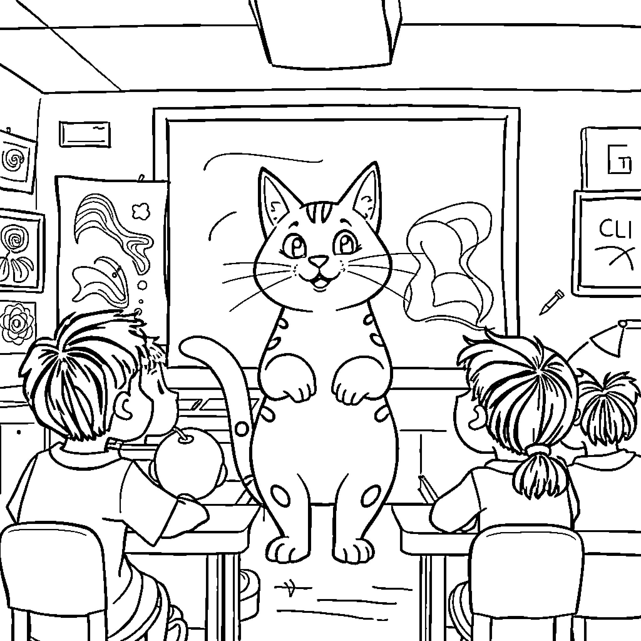 Cat watching students in the classroom Coloring Page (free black-and-white line drawing printable PDF for all, from beginners to advanced learners, including children, teens, adults, and seniors)