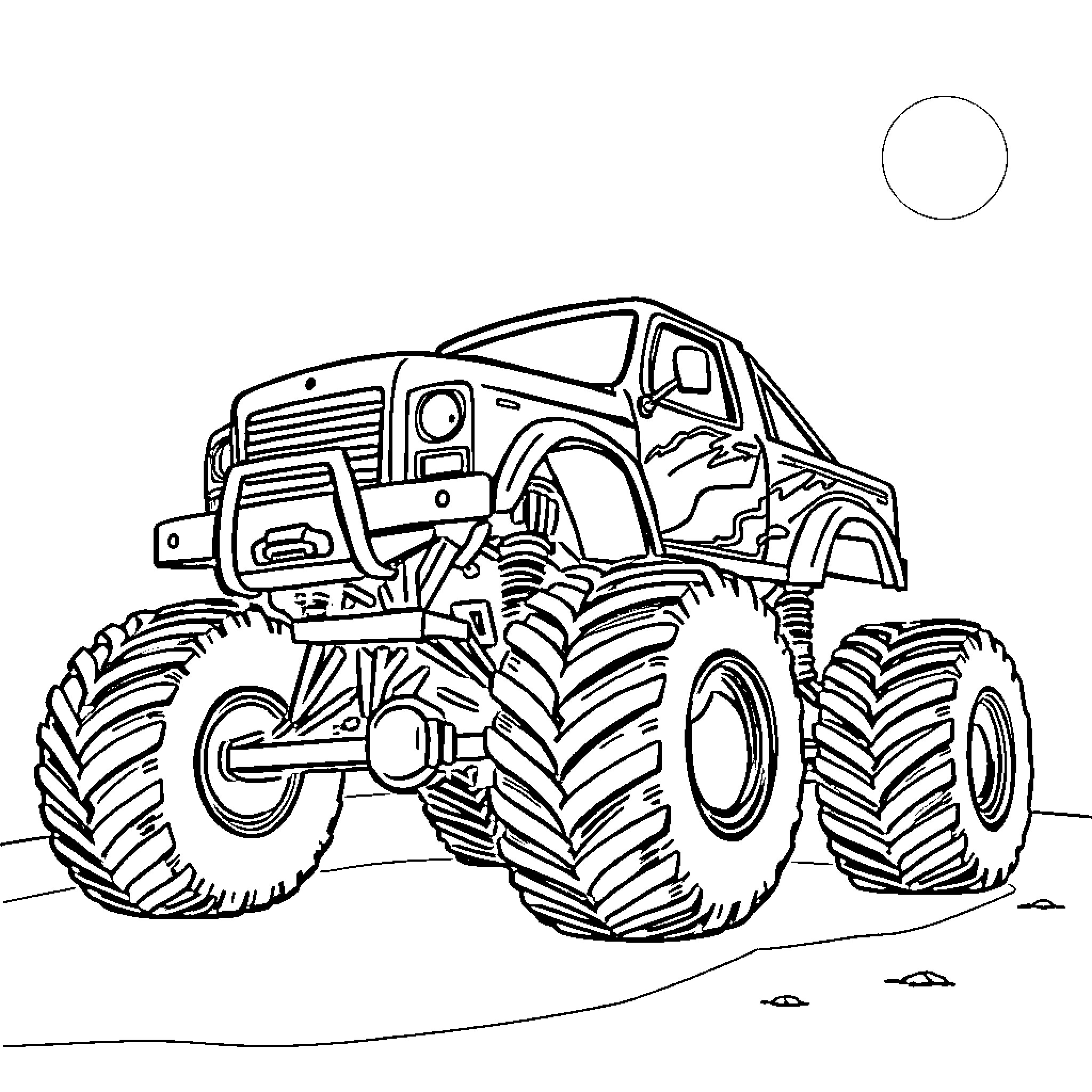Monster Truck Crushing the Terrain Coloring Page (free black-and-white line drawing printable PDF for all, from beginners to advanced learners, including children, teens, adults, and seniors)