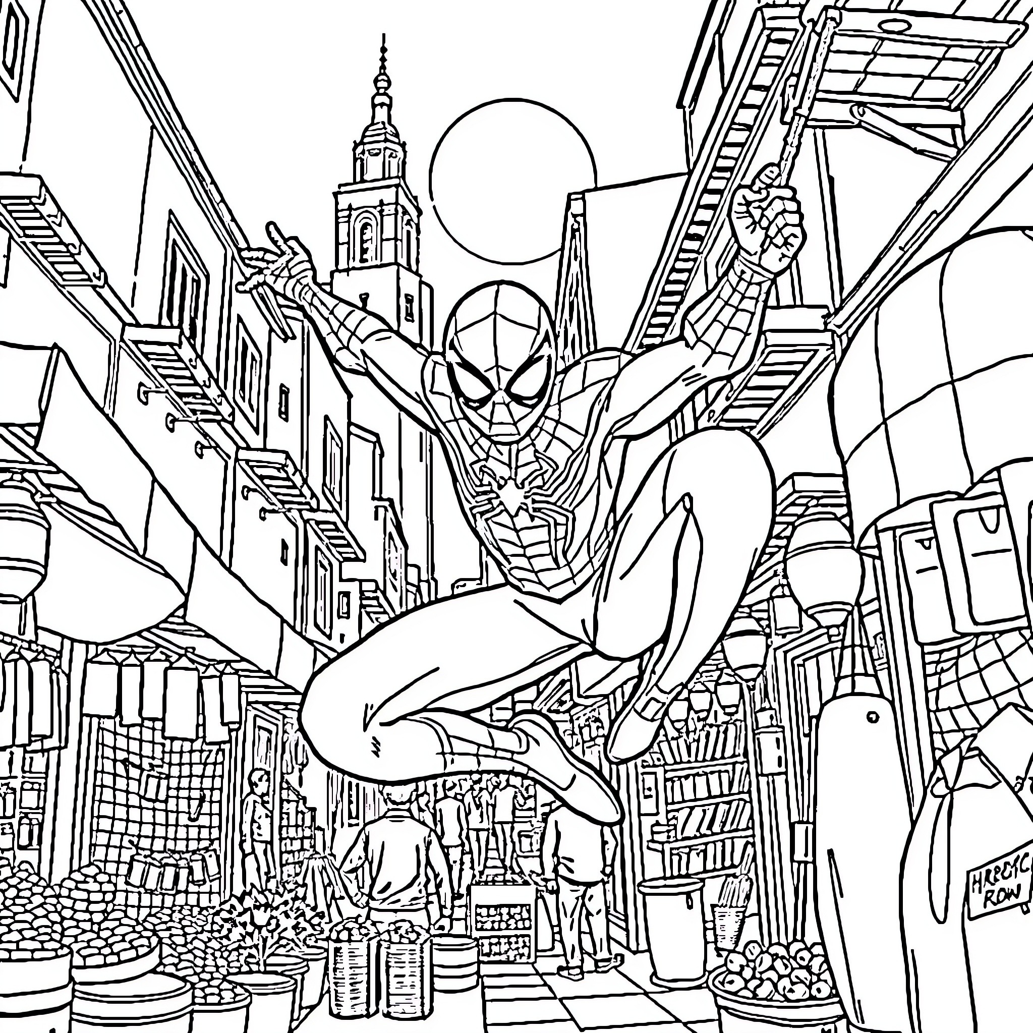 Spiderman swinging through a bustling city scene Coloring Page (free black-and-white line drawing printable PDF for all, from beginners to advanced learners, including children, teens, adults, and seniors)