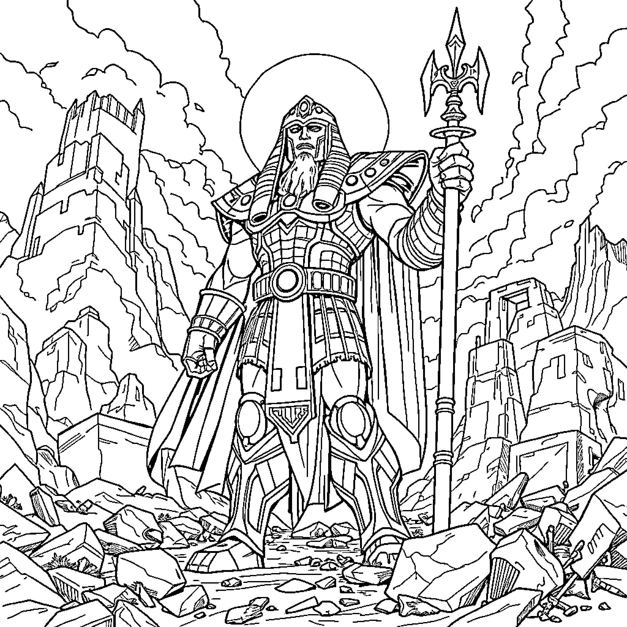 Horus, the Powerful Egyptian God, Stands Tall Amidst the Ruins Coloring Page (free black-and-white line drawing printable PDF for all, from beginners to advanced learners, including children, teens, adults, and seniors)