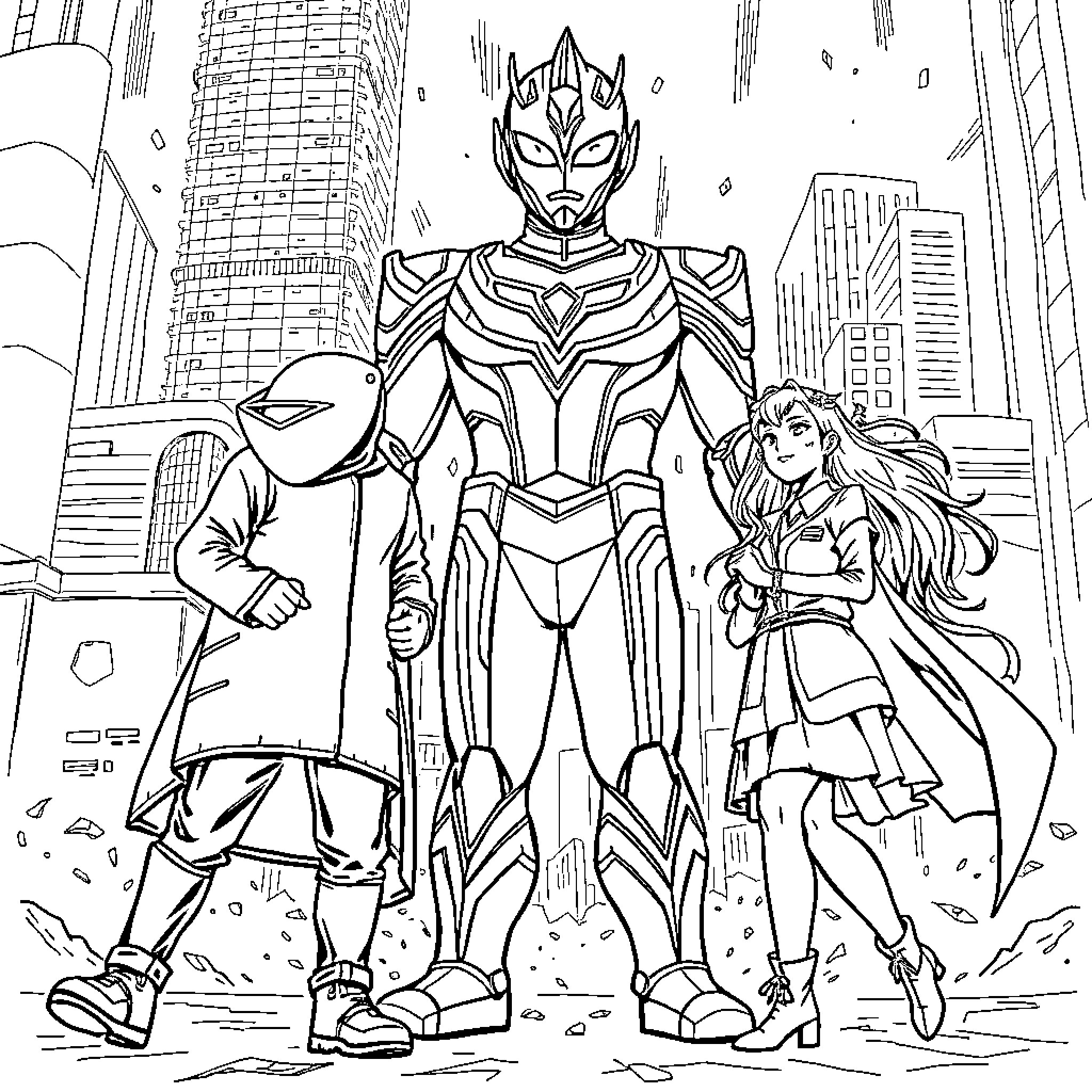Ultraman leading a team in an urban setting Coloring Page (free black-and-white line drawing printable PDF for all, from beginners to advanced learners, including children, teens, adults, and seniors)