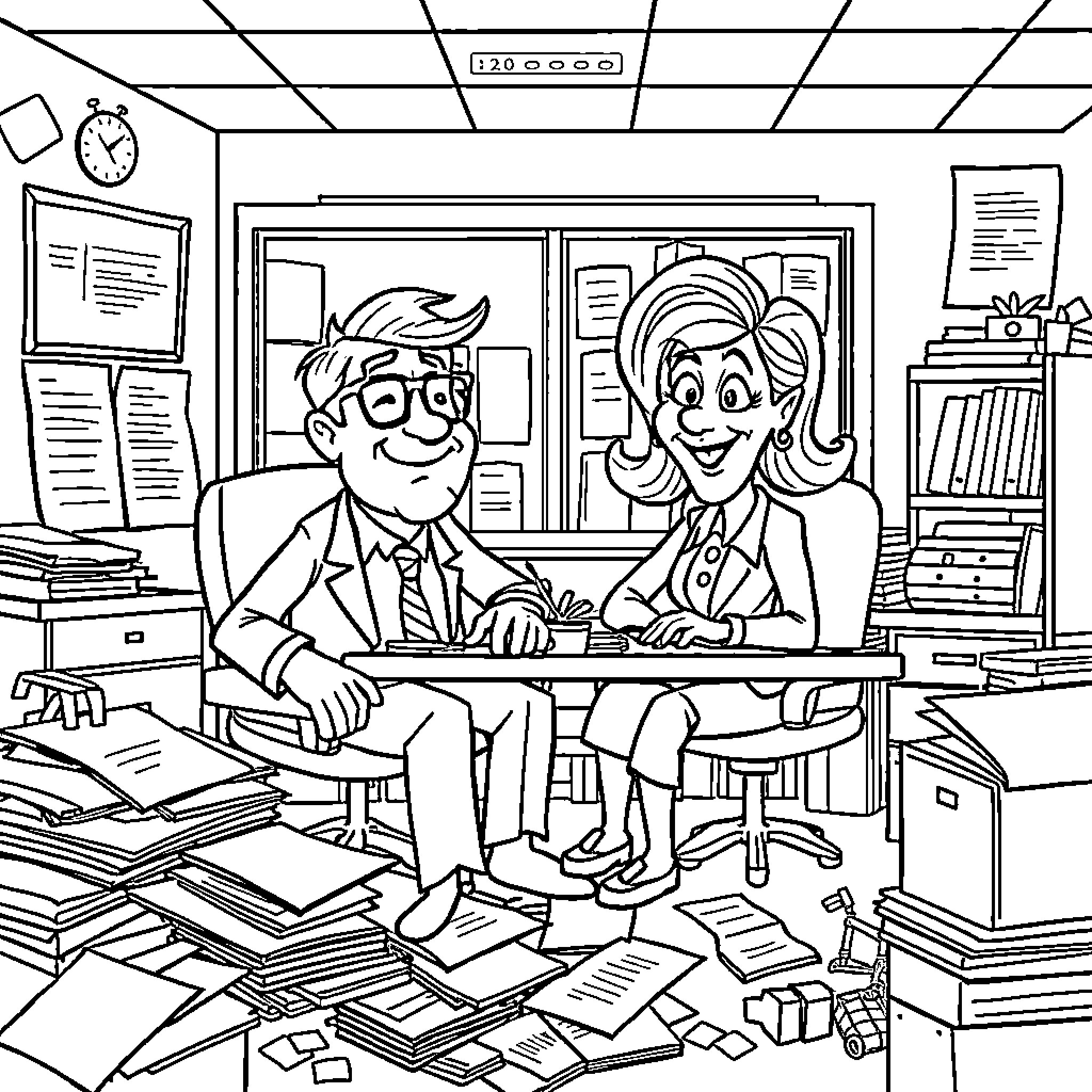 Executive Colleagues Collaborate in Cluttered Office Coloring Page (free black-and-white line drawing printable PDF for all, from beginners to advanced learners, including children, teens, adults, and seniors)