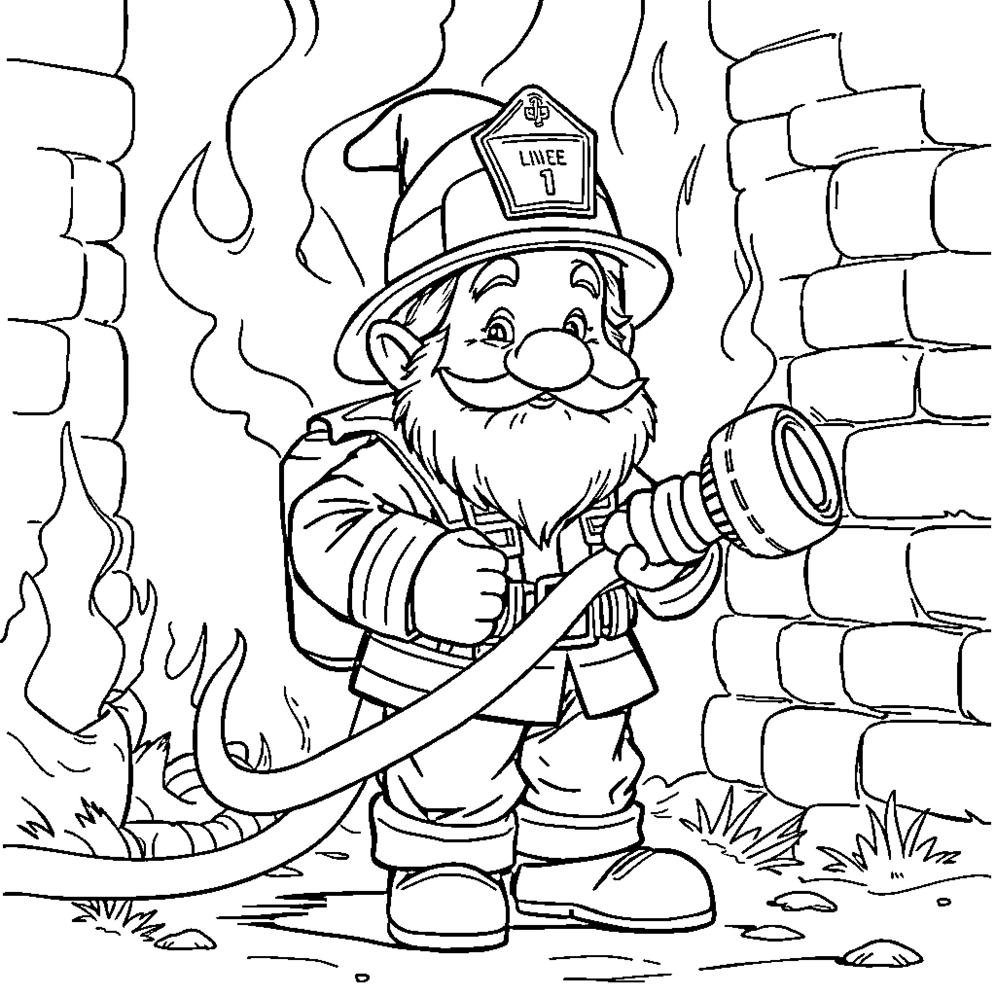 Dwarf Firefighter Bravely Battling Blaze Coloring Page (free black-and-white line drawing printable PDF for all, from beginners to advanced learners, including children, teens, adults, and seniors)