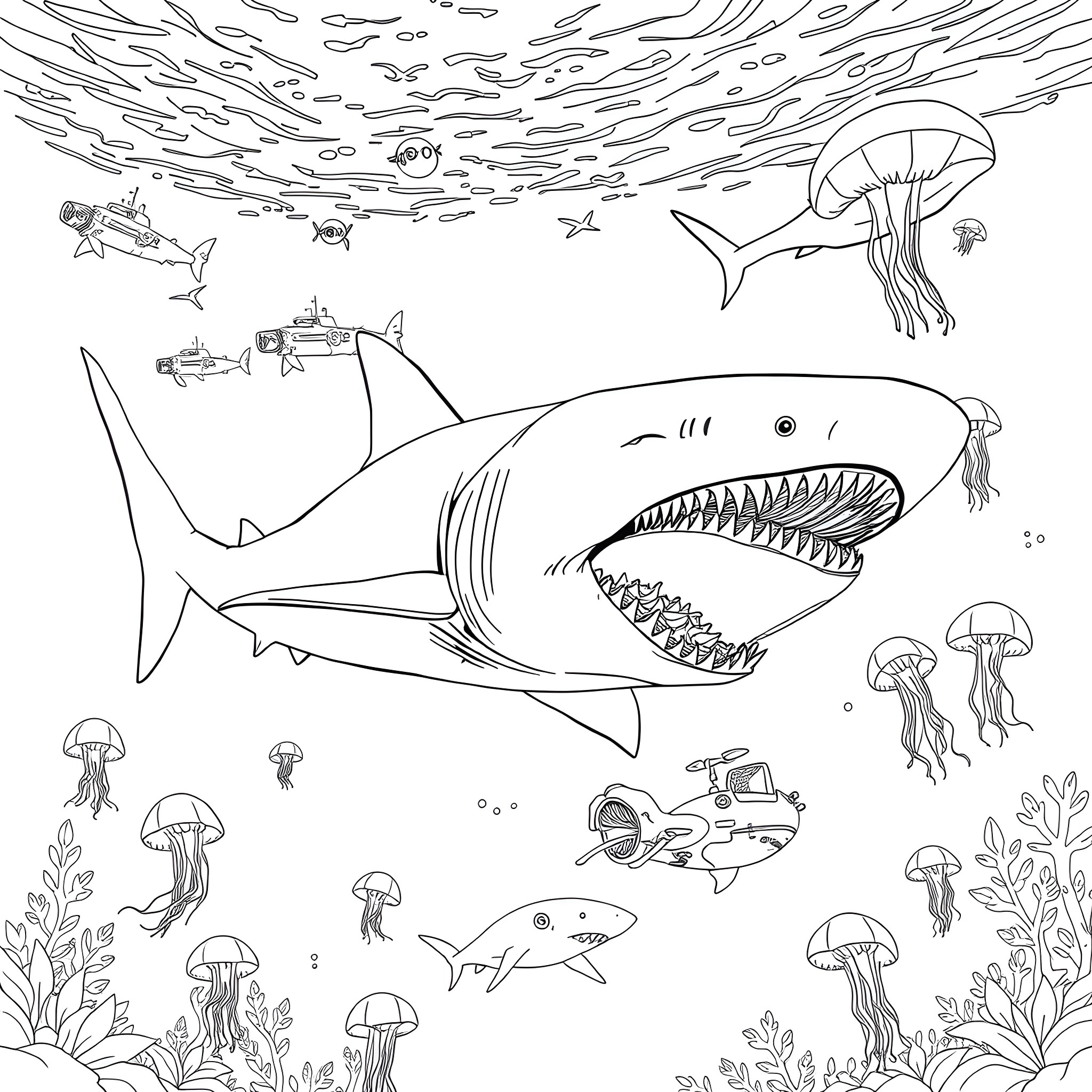 Megalodon hunting underwater creatures and plants Coloring Page (free black-and-white line drawing printable PDF for all, from beginners to advanced learners, including children, teens, adults, and seniors)