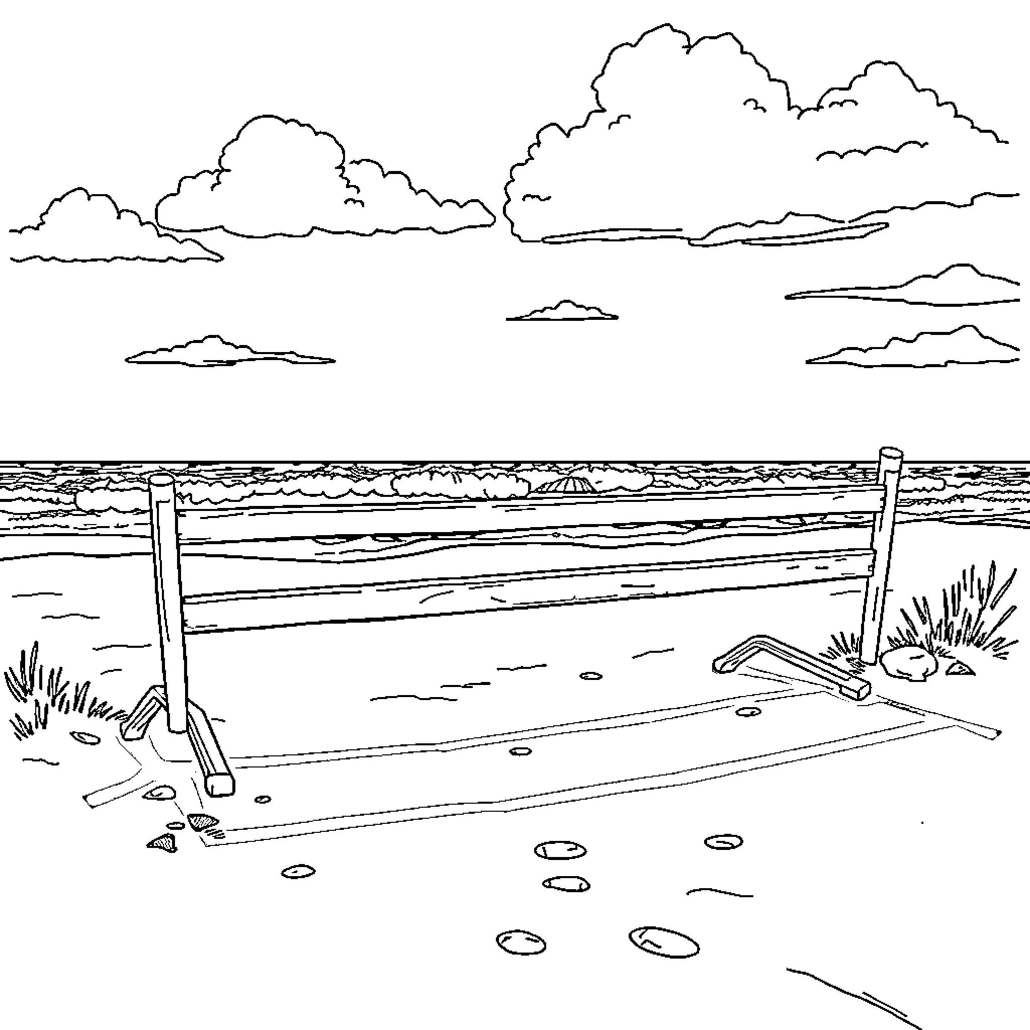 Roadblock on the beach with wooden barriers Coloring Page (free black-and-white line drawing printable PDF for all, from beginners to advanced learners, including children, teens, adults, and seniors)