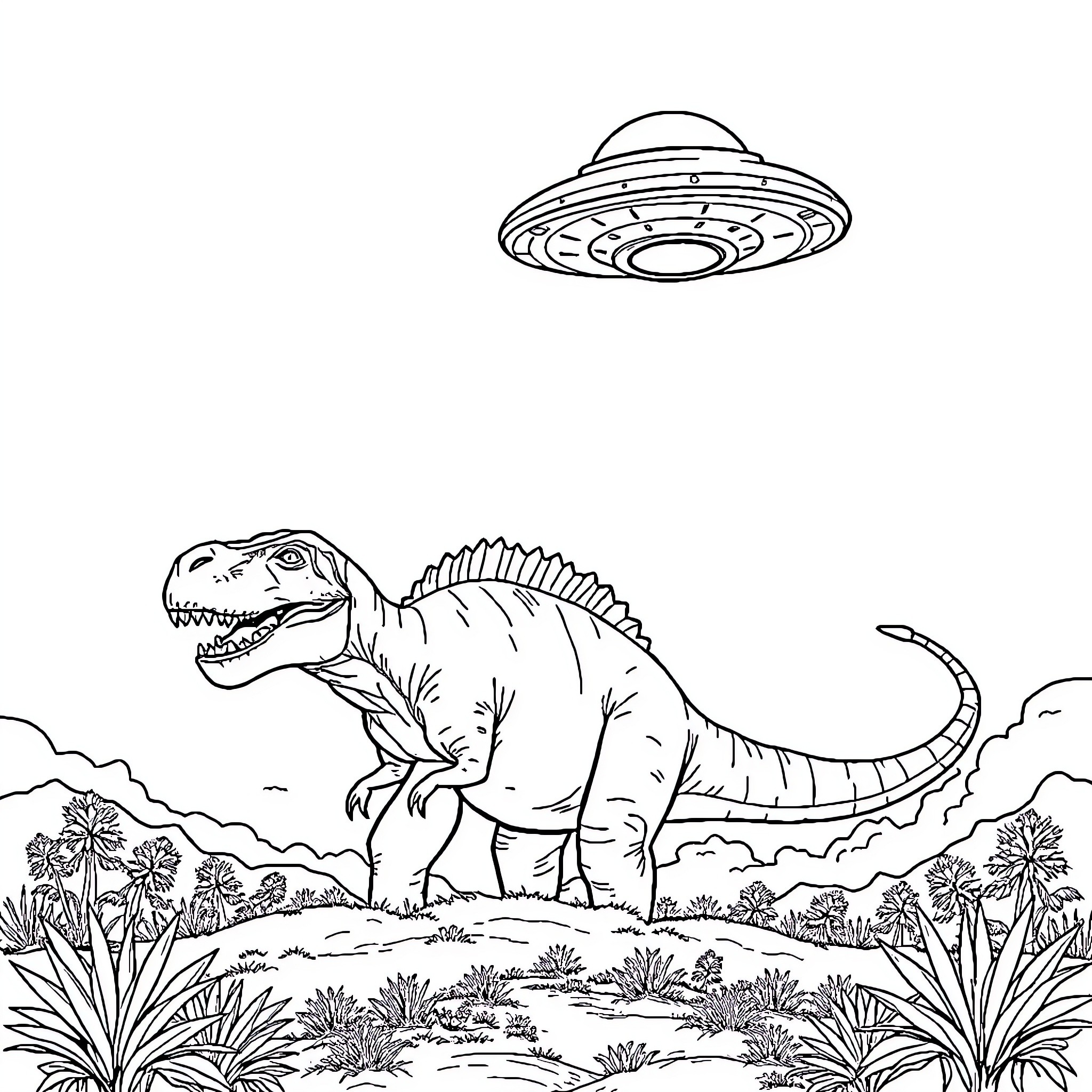 UFO sighting over a prehistoric landscape Coloring Page (free black-and-white line drawing printable PDF for all, from beginners to advanced learners, including children, teens, adults, and seniors)