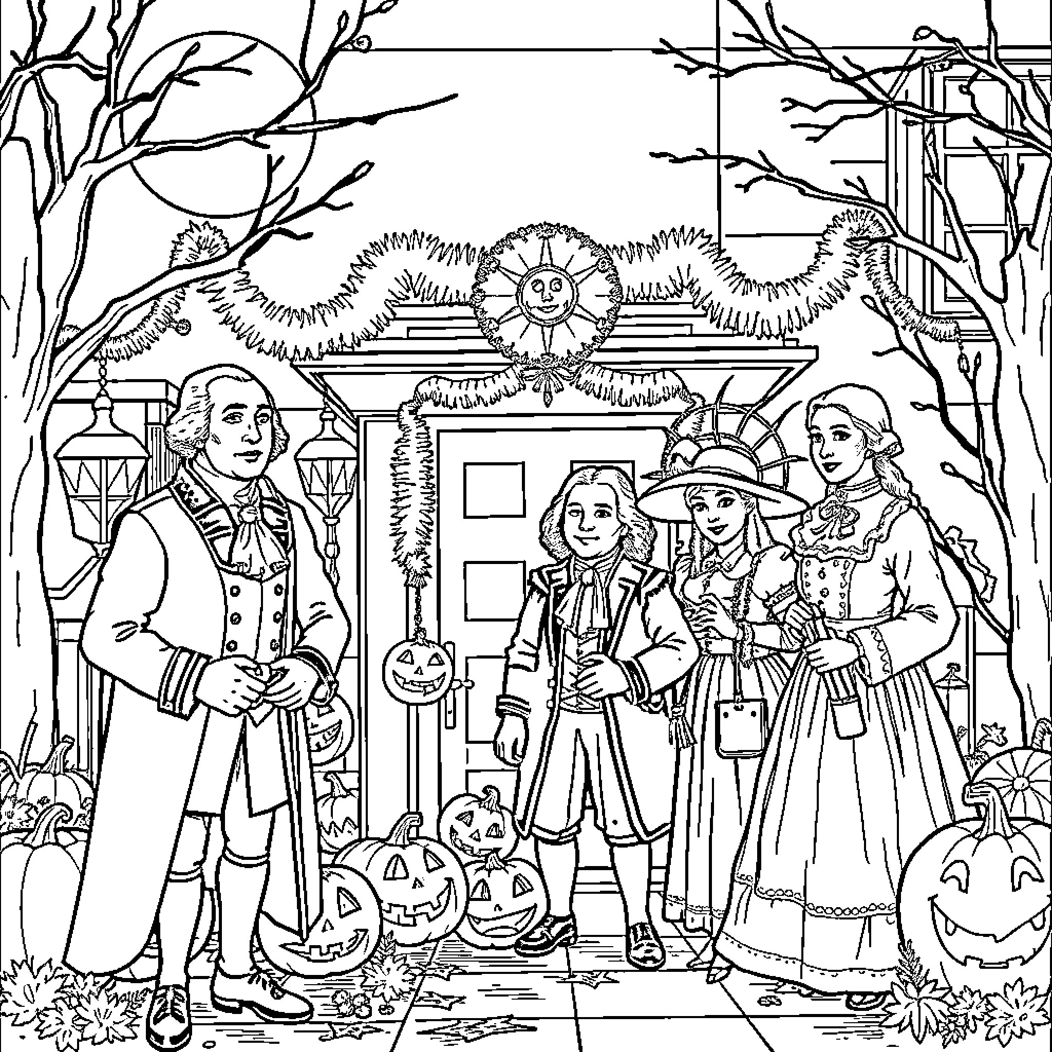 George Washington and Family Celebrating Halloween Coloring Page (free black-and-white line drawing printable PDF for all, from beginners to advanced learners, including children, teens, adults, and seniors)