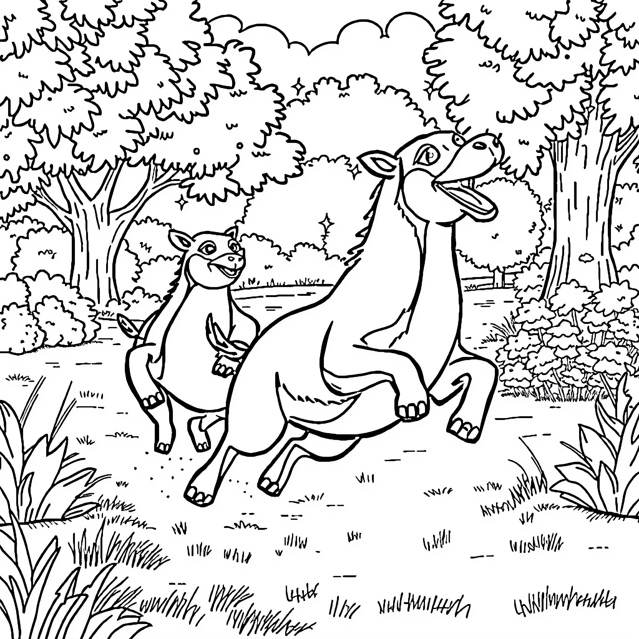 Australian Shepherd running playfully in the forest Coloring Page (free black-and-white line drawing printable PDF for all, from beginners to advanced learners, including children, teens, adults, and seniors)