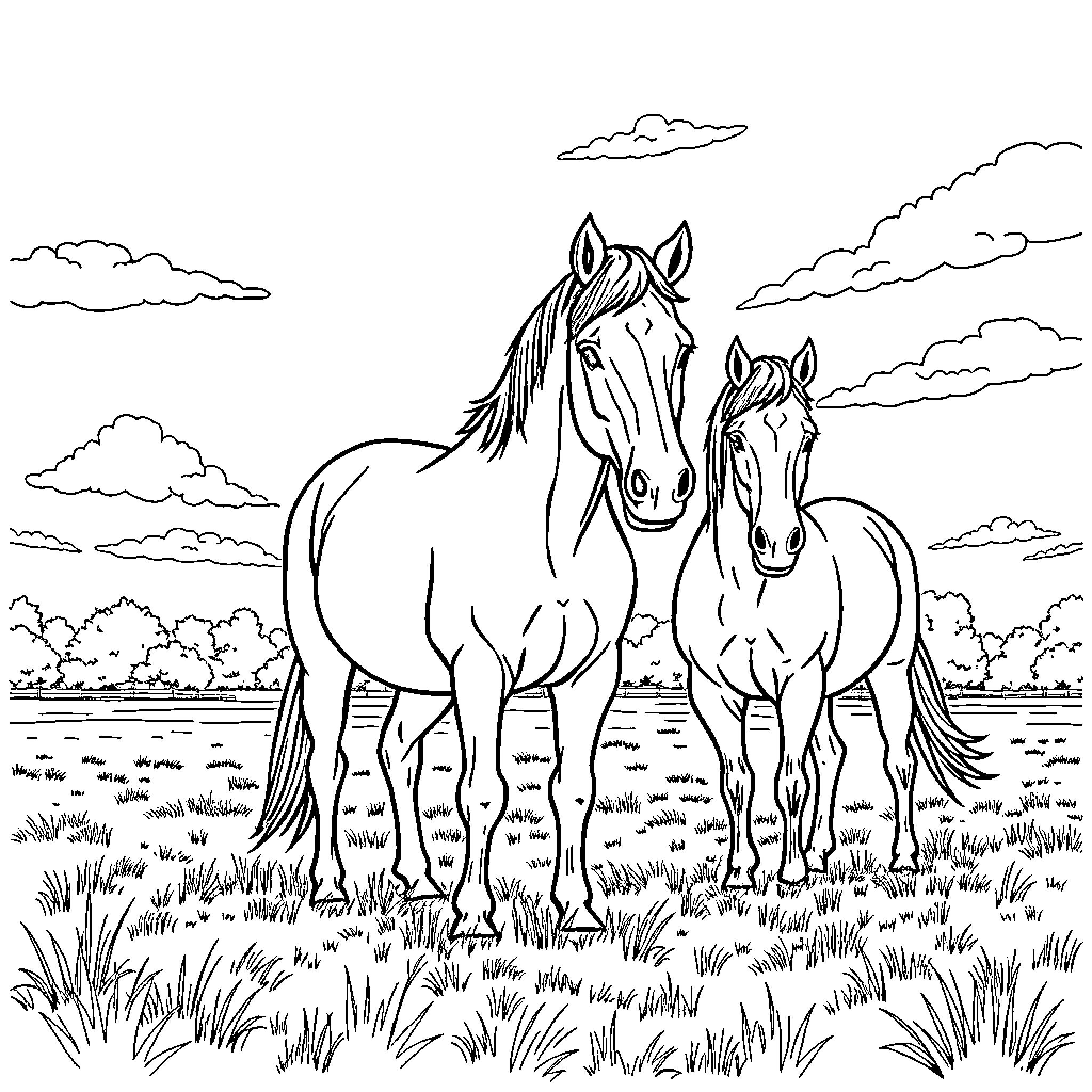 Horses grazing peacefully in a scenic meadow Coloring Page (free black-and-white line drawing printable PDF for all, from beginners to advanced learners, including children, teens, adults, and seniors)