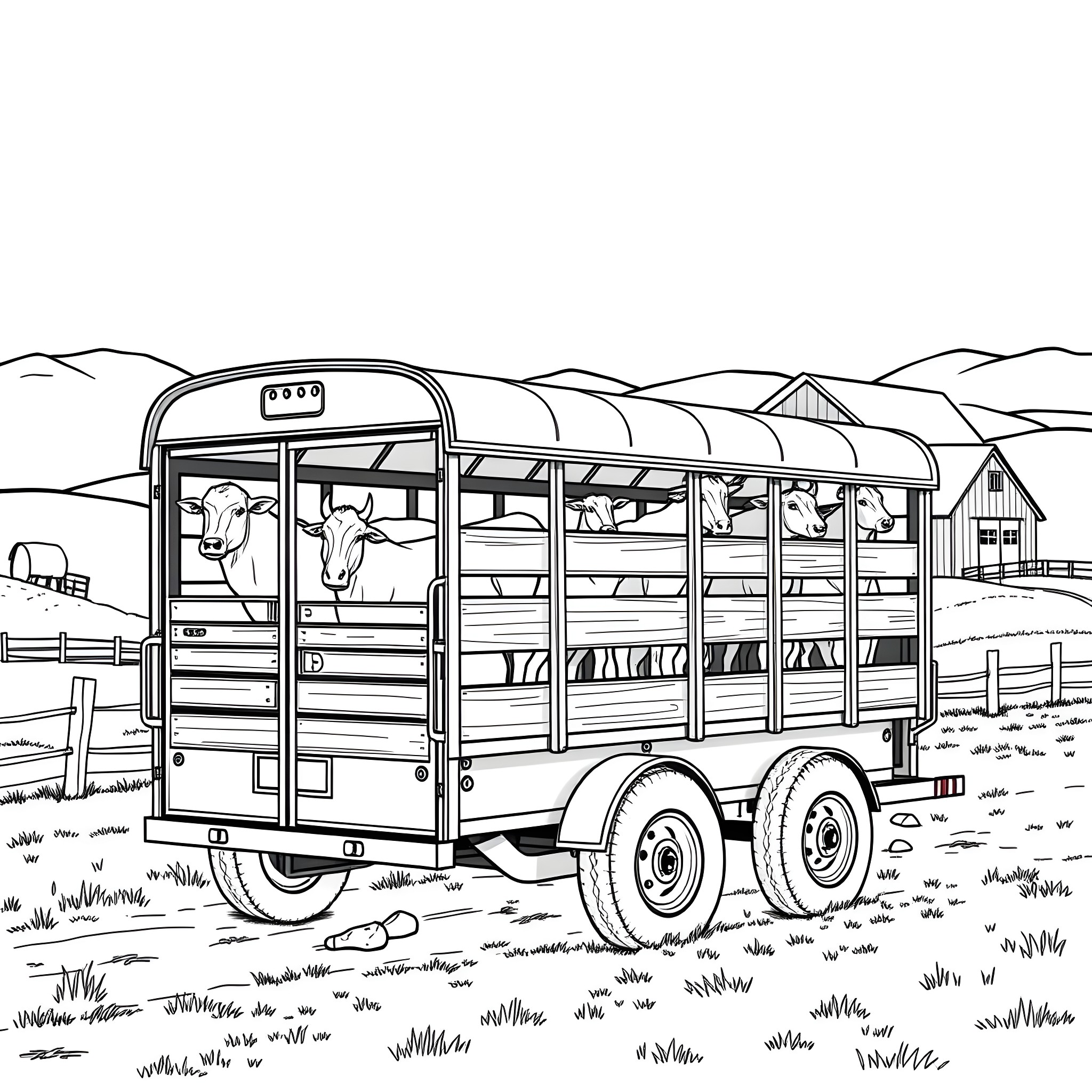 Livestock Trailer Transporting Farm Animals Through Rural Landscape Coloring Page (free black-and-white line drawing printable PDF for all, from beginners to advanced learners, including children, teens, adults, and seniors)