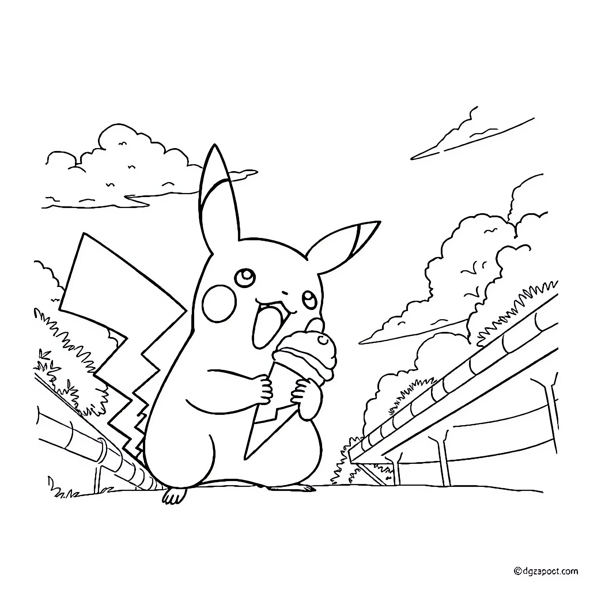Pikachu enjoying an ice cream in a scenic landscape Coloring Page (free black-and-white line drawing printable PDF for all, from beginners to advanced learners, including children, teens, adults, and seniors)