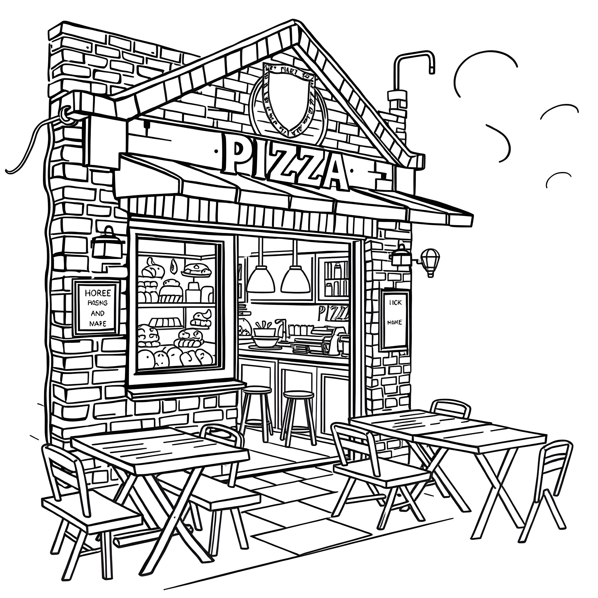 Pizza shop with outdoor seating Coloring Page (free black-and-white line drawing printable PDF for all, from beginners to advanced learners, including children, teens, adults, and seniors)