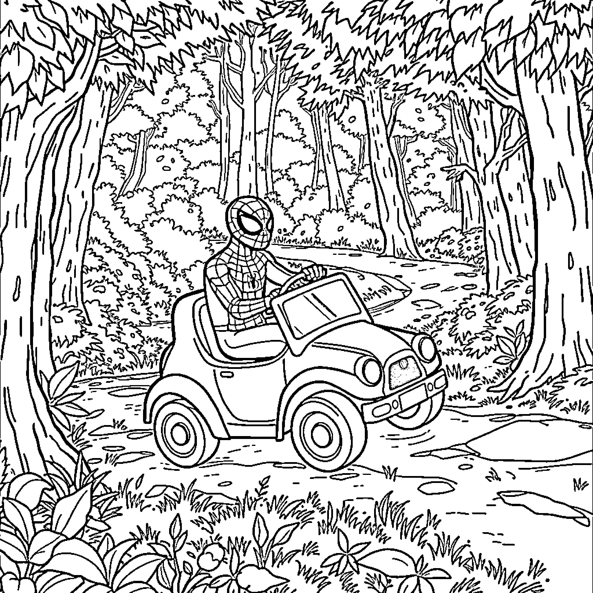 Spiderman riding a jeep through the forest Coloring Page (free black-and-white line drawing printable PDF for all, from beginners to advanced learners, including children, teens, adults, and seniors)