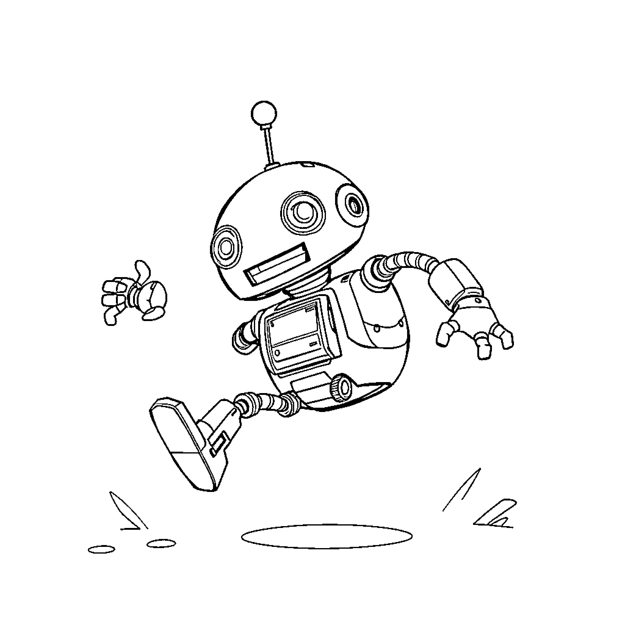 Robot jumping joyfully with tool in hand Coloring Page (free black-and-white line drawing printable PDF for all, from beginners to advanced learners, including children, teens, adults, and seniors)