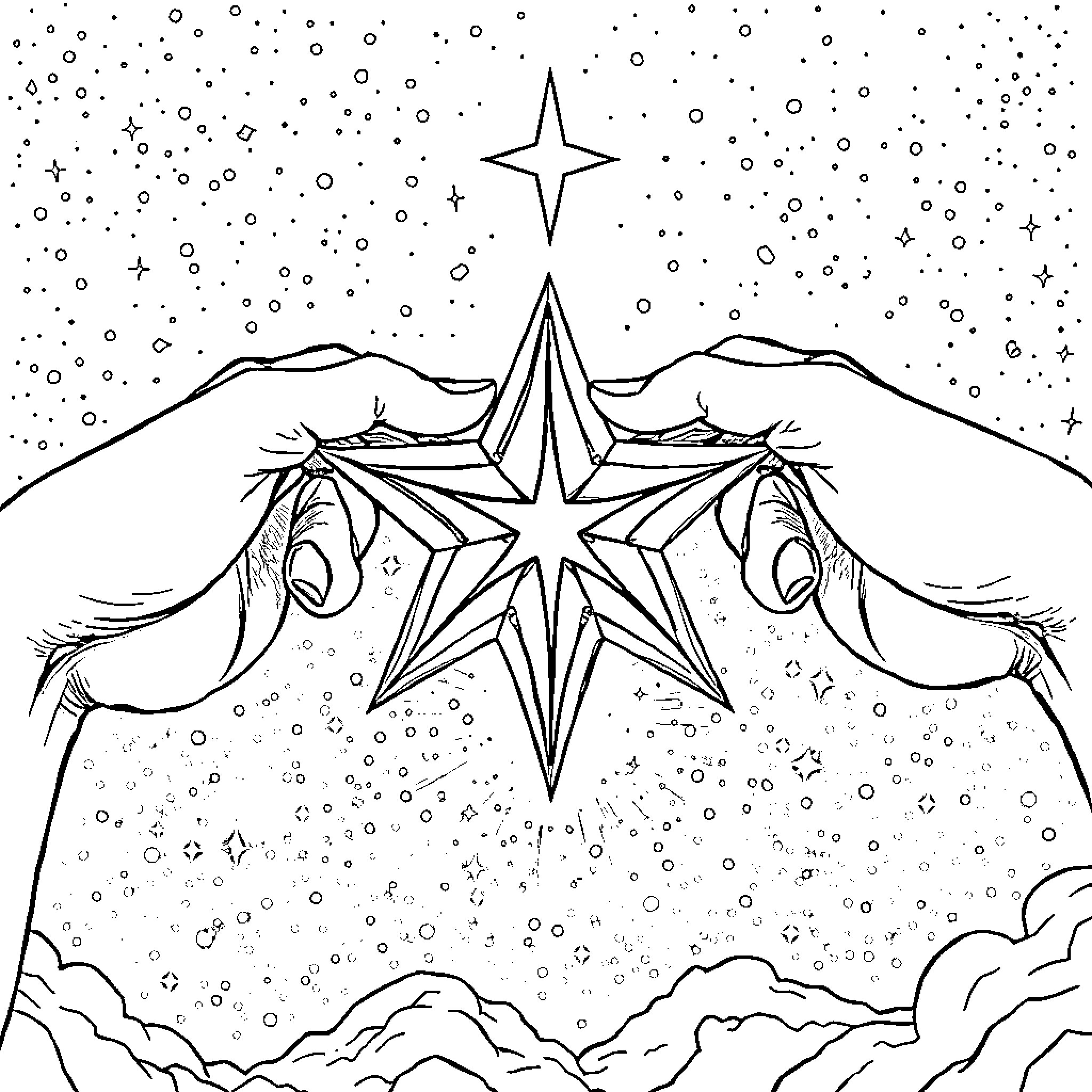 Hands Reaching for Bright Star in Night Sky Coloring Page (free black-and-white line drawing printable PDF for all, from beginners to advanced learners, including children, teens, adults, and seniors)