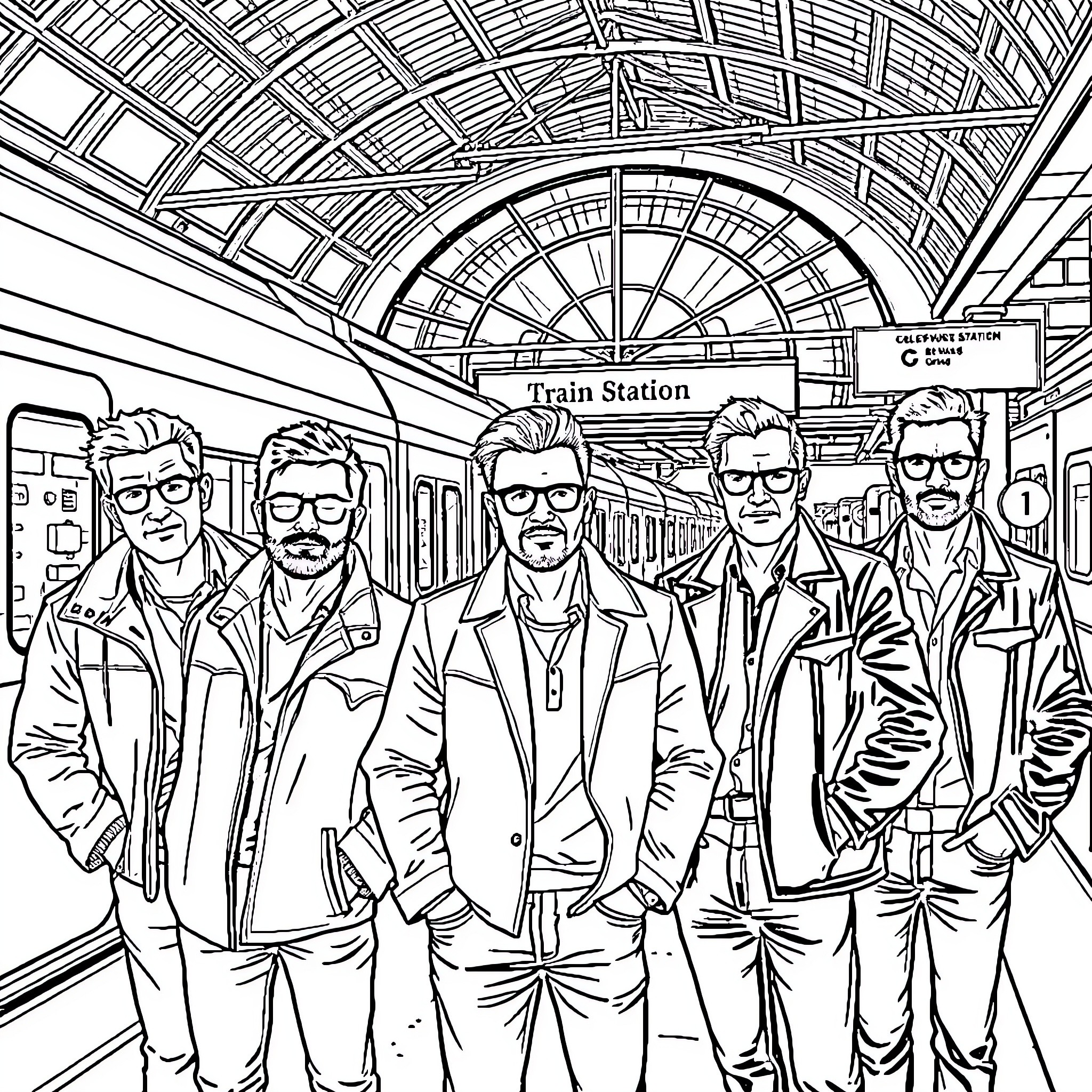 Men in Suits Awaiting Train at Station Coloring Page (free black-and-white line drawing printable PDF for all, from beginners to advanced learners, including children, teens, adults, and seniors)