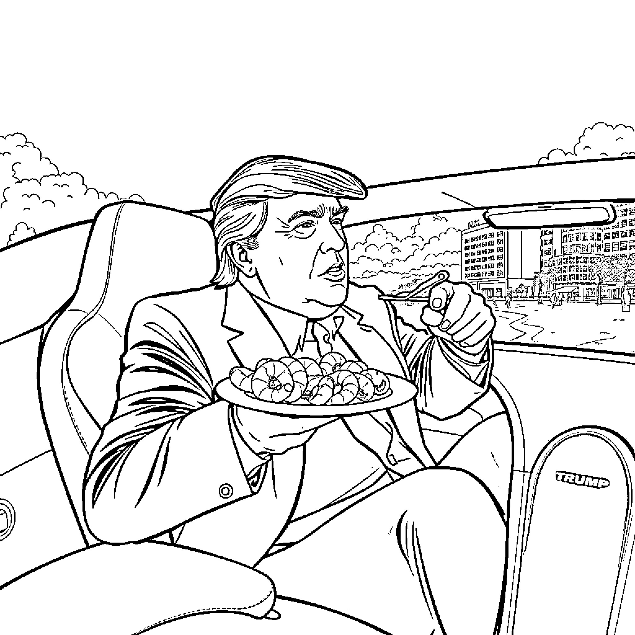 Donald Trump eating fast food in the presidential limousine Coloring Page (free black-and-white line drawing printable PDF for all, from beginners to advanced learners, including children, teens, adults, and seniors)