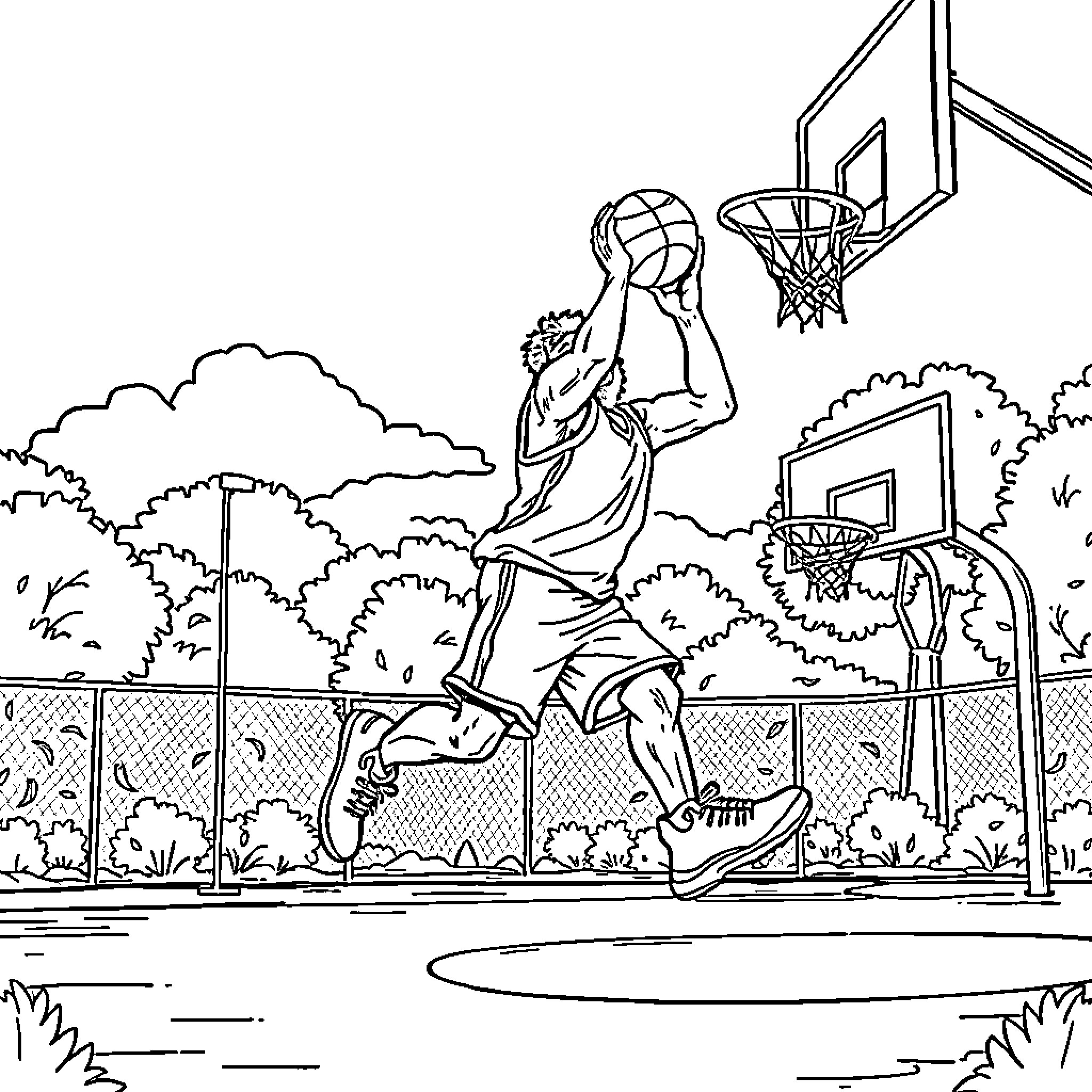 Bigfoot playing basketball on the court Coloring Page (free black-and-white line drawing printable PDF for all, from beginners to advanced learners, including children, teens, adults, and seniors)