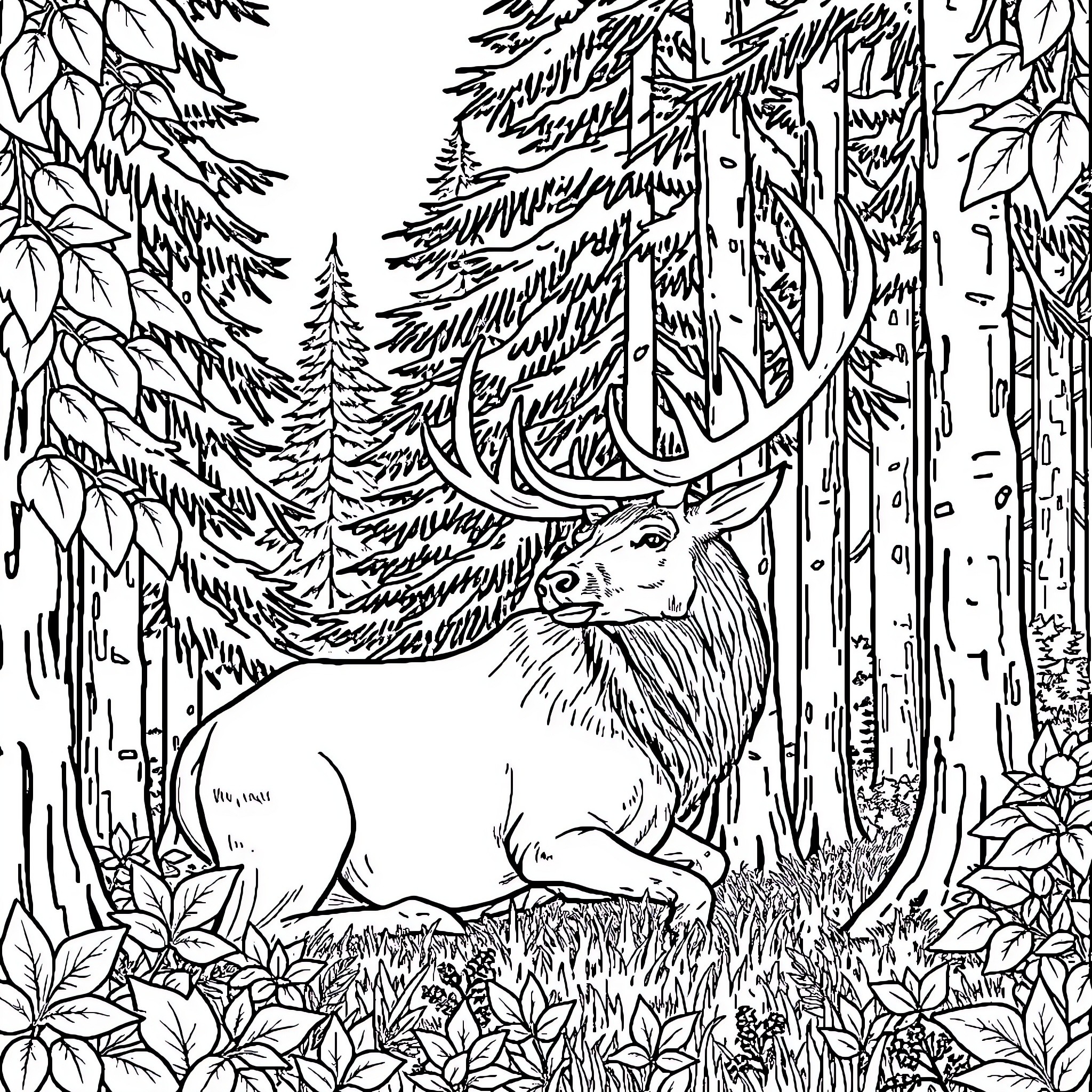 Elk resting peacefully in the forested landscape Coloring Page (free black-and-white line drawing printable PDF for all, from beginners to advanced learners, including children, teens, adults, and seniors)