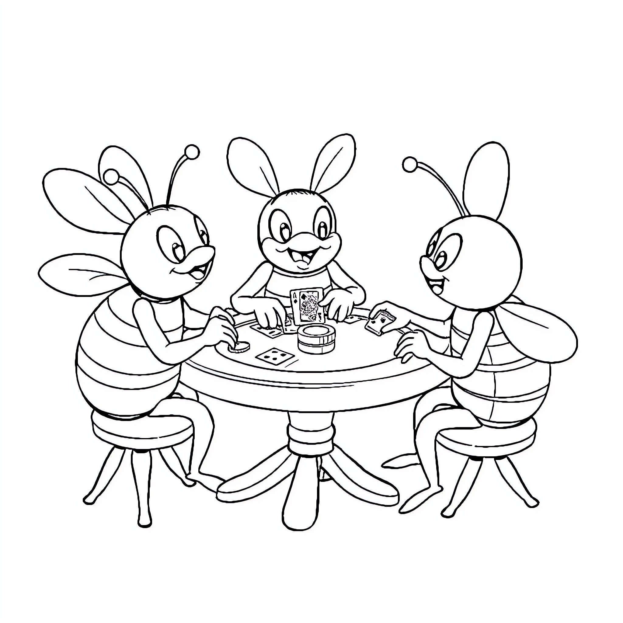 Bee friends having a friendly get-together Coloring Page (free black-and-white line drawing printable PDF for all, from beginners to advanced learners, including children, teens, adults, and seniors)
