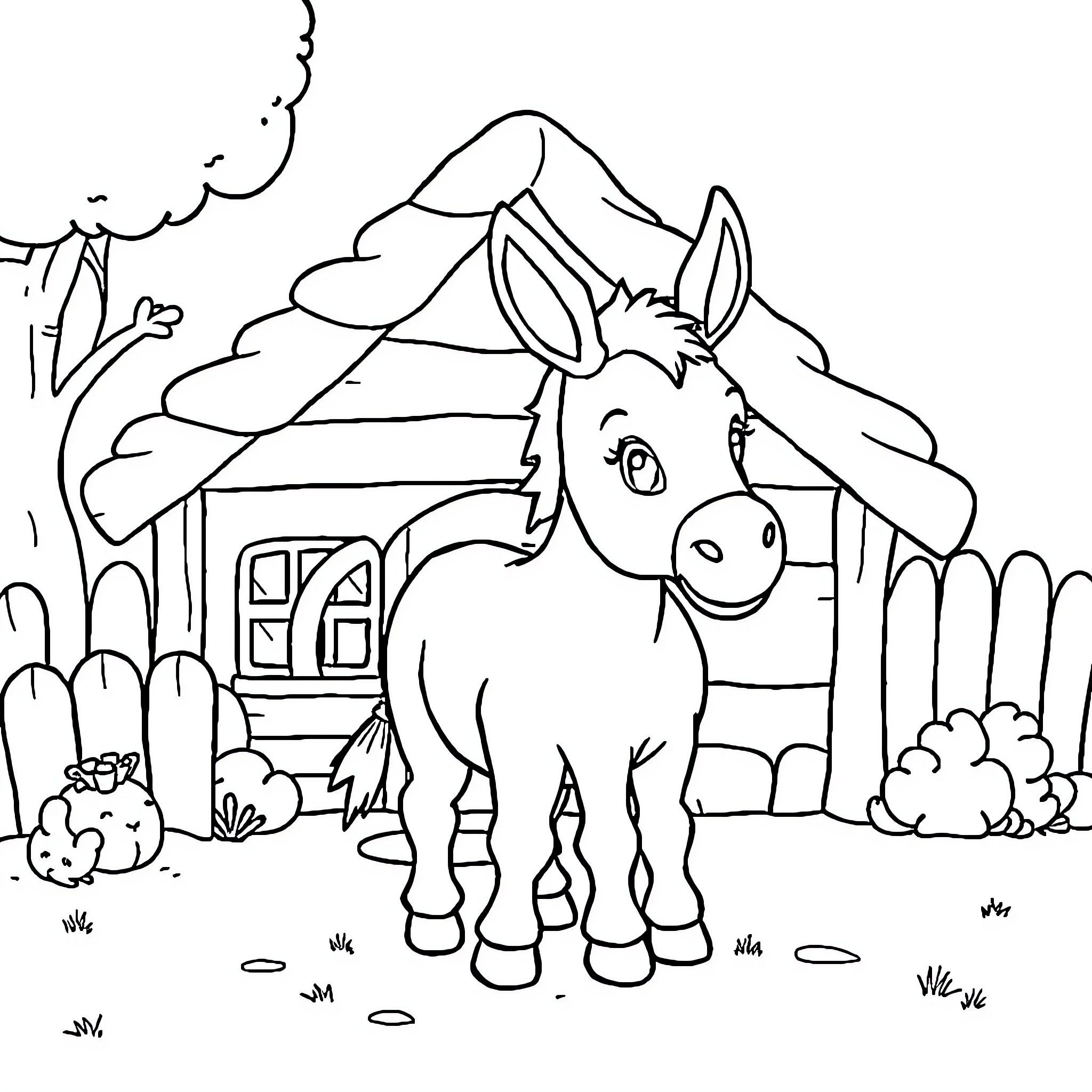 Trotro the donkey in a peaceful countryside setting Coloring Page (free black-and-white line drawing printable PDF for all, from beginners to advanced learners, including children, teens, adults, and seniors)