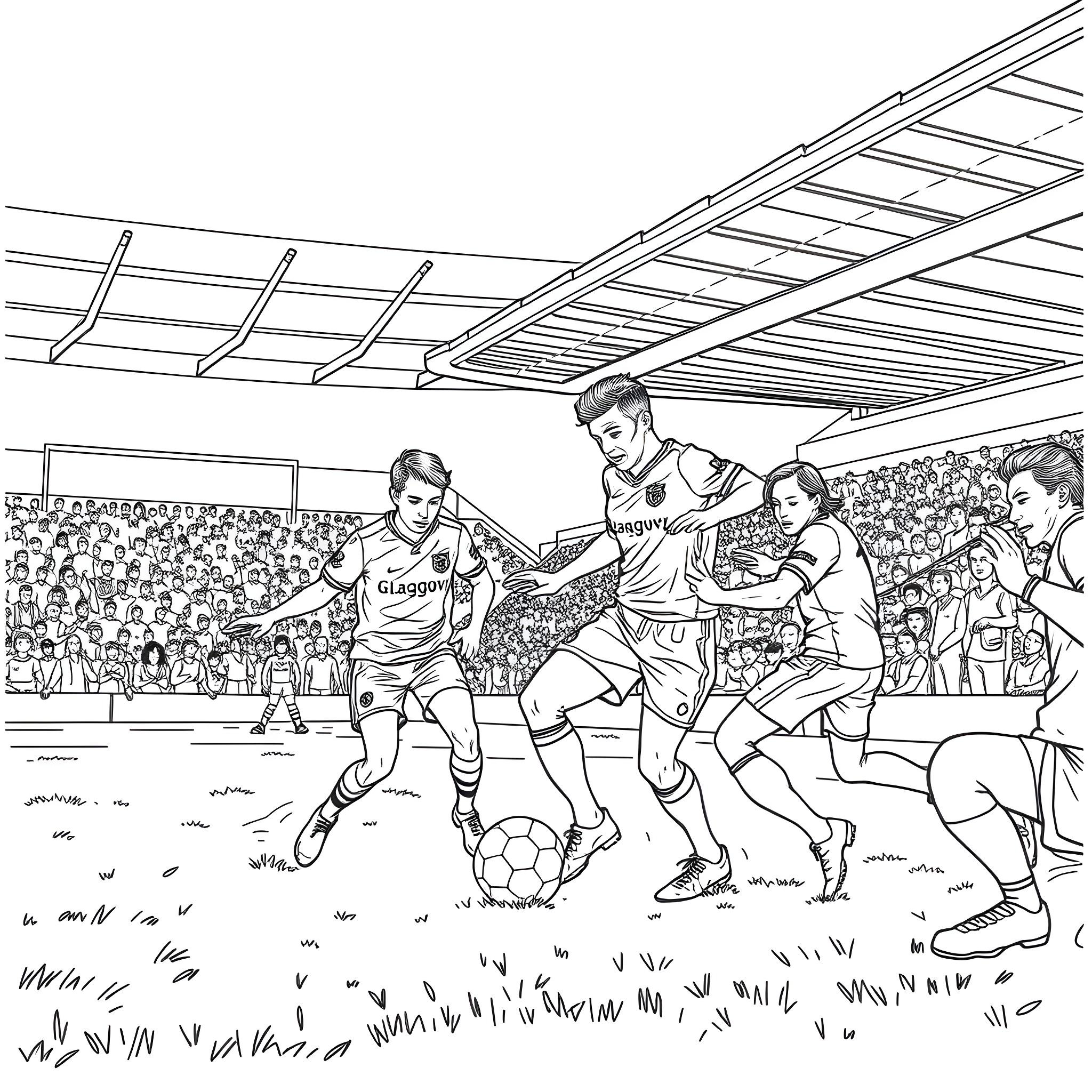 Glasgow Rangers in Action on the Field Coloring Page (free black-and-white line drawing printable PDF for all, from beginners to advanced learners, including children, teens, adults, and seniors)