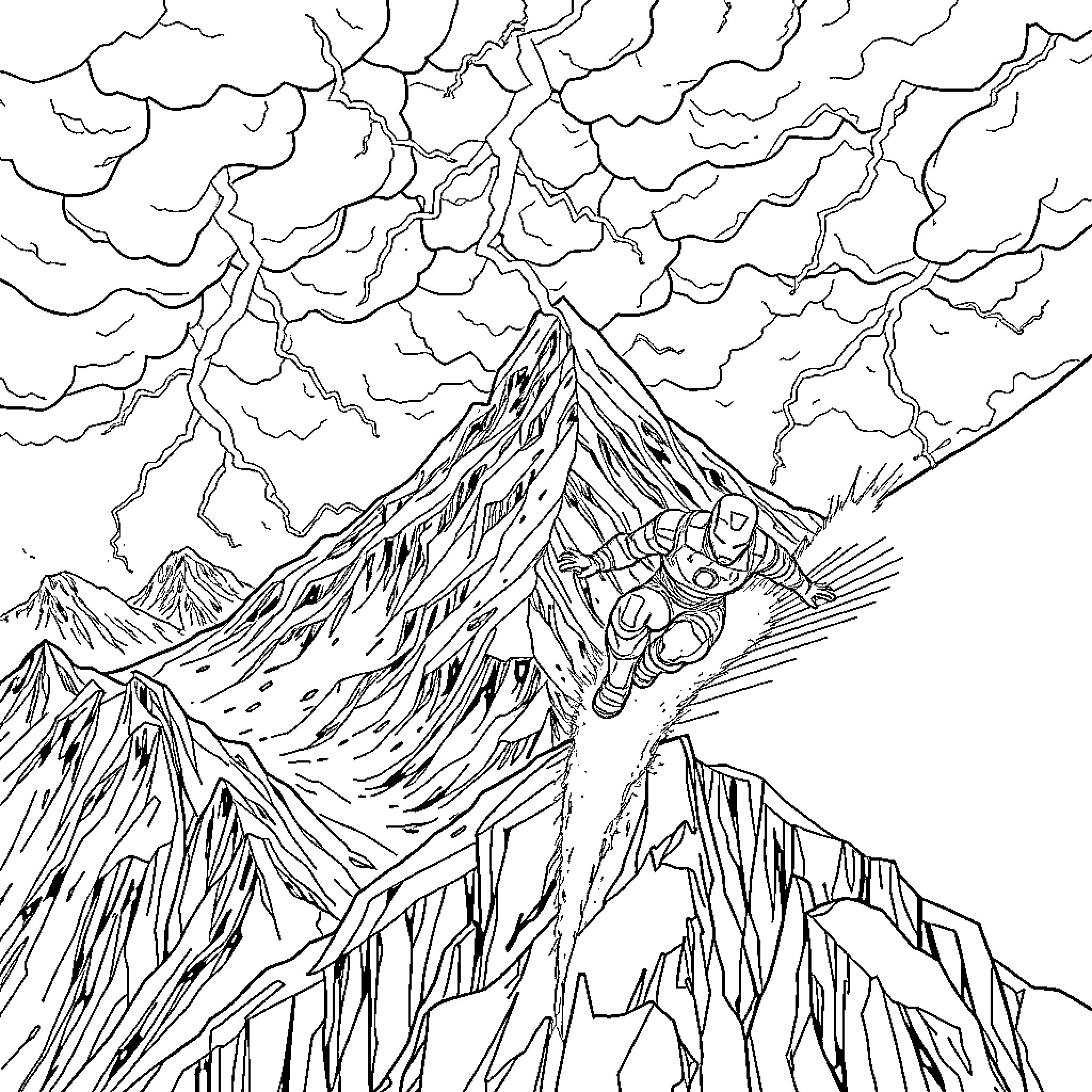 Iron Man Soaring Over Rugged Mountain Landscape Coloring Page (free black-and-white line drawing printable PDF for all, from beginners to advanced learners, including children, teens, adults, and seniors)