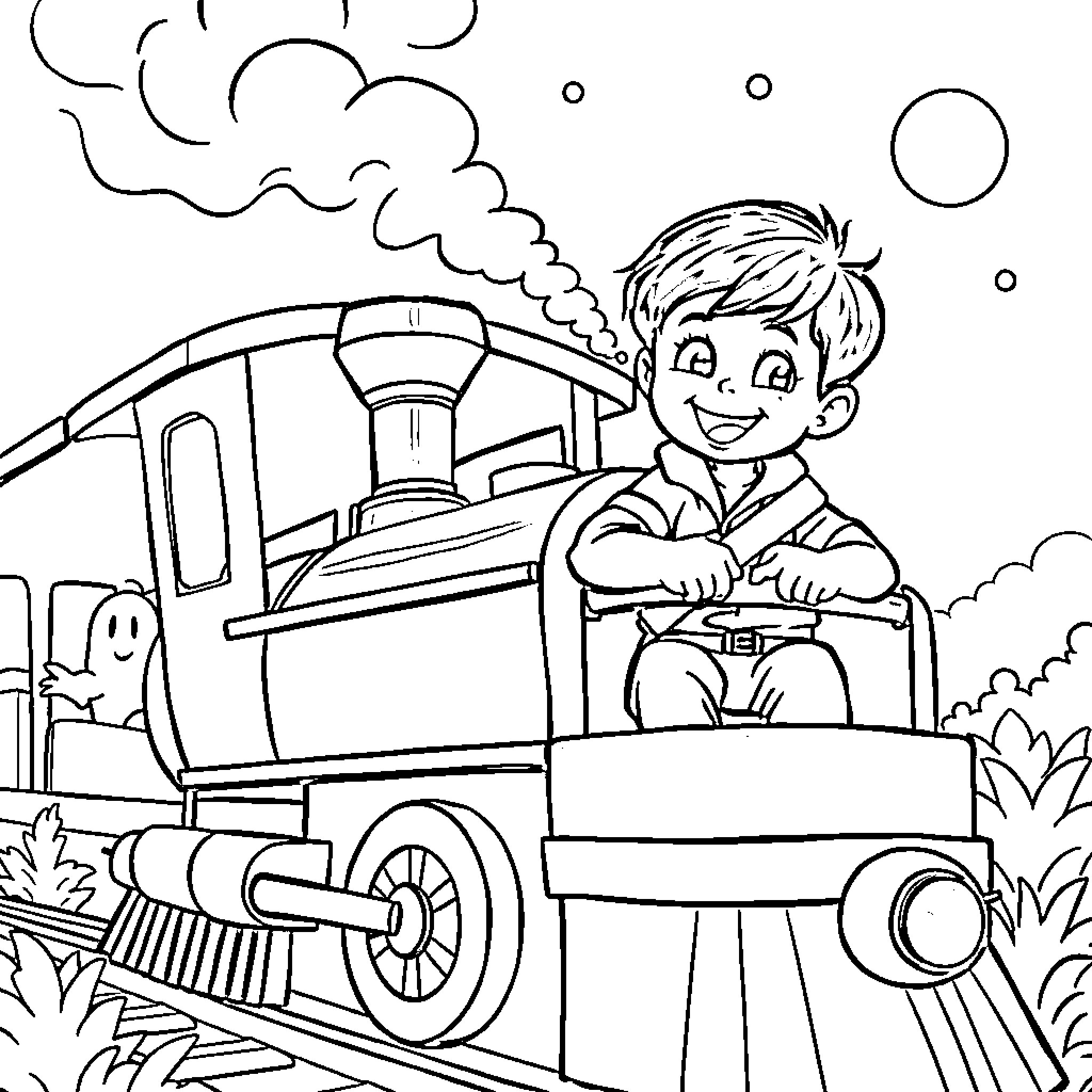 Boy Riding a Steam Train in Nature Coloring Page (free black-and-white line drawing printable PDF for all, from beginners to advanced learners, including children, teens, adults, and seniors)