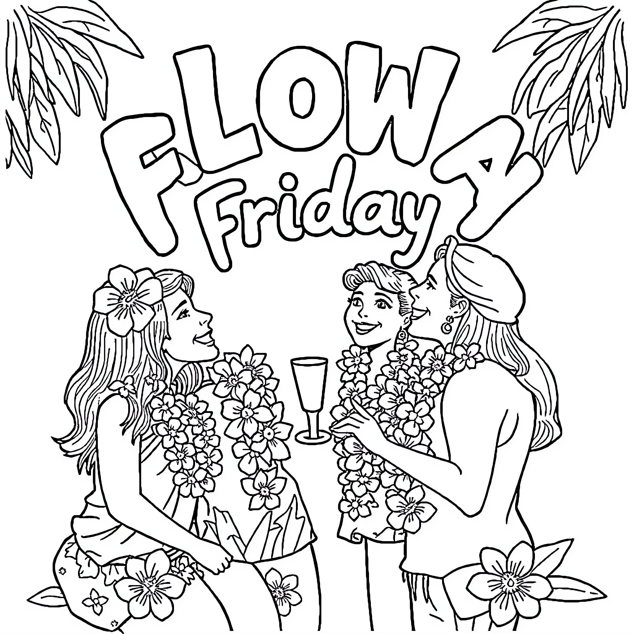 Aloha Friday - Celebration of friendship Coloring Page (free black-and-white line drawing printable PDF for all, from beginners to advanced learners, including children, teens, adults, and seniors)