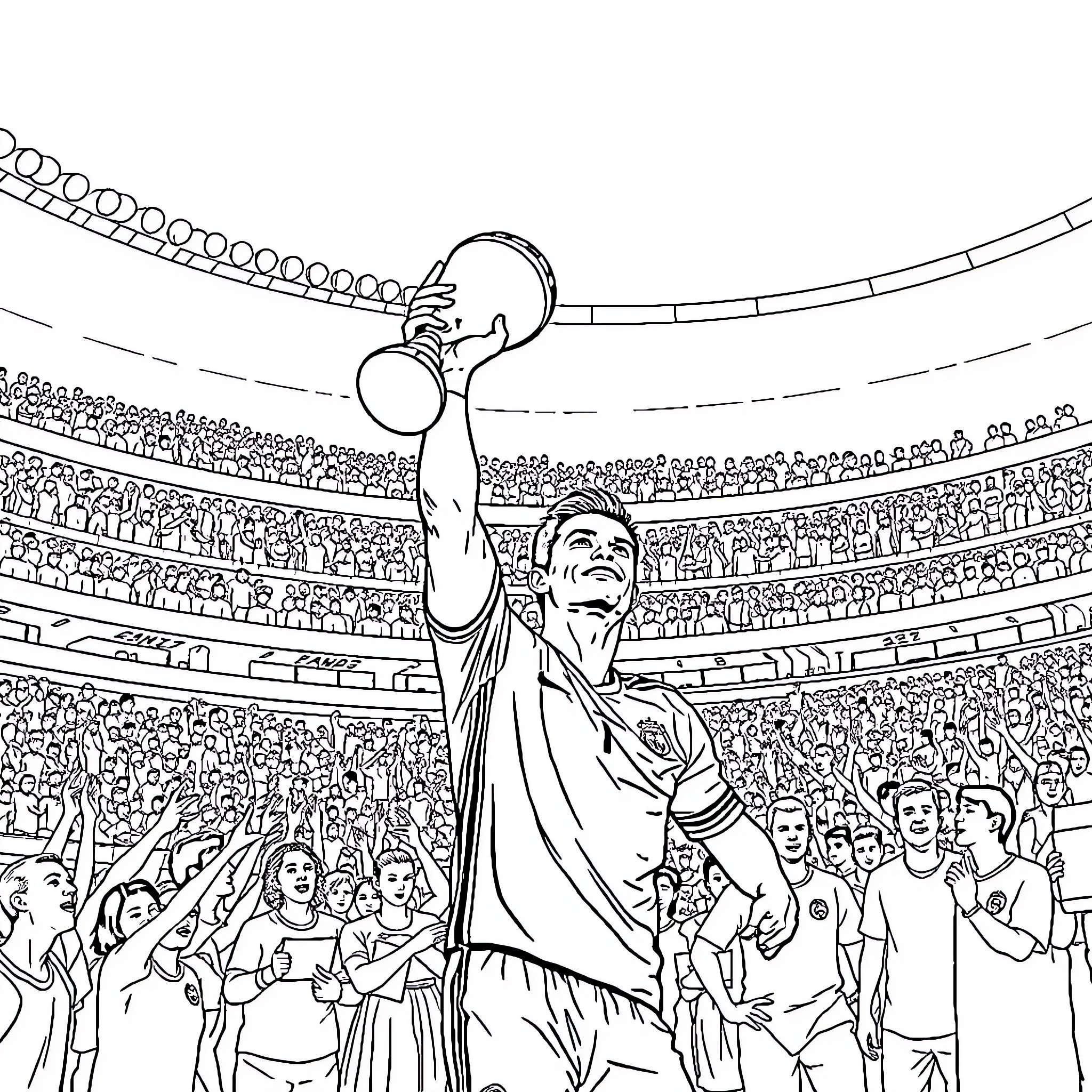 Cristiano Ronaldo Celebrating Victory on the Field Coloring Page (free black-and-white line drawing printable PDF for all, from beginners to advanced learners, including children, teens, adults, and seniors)