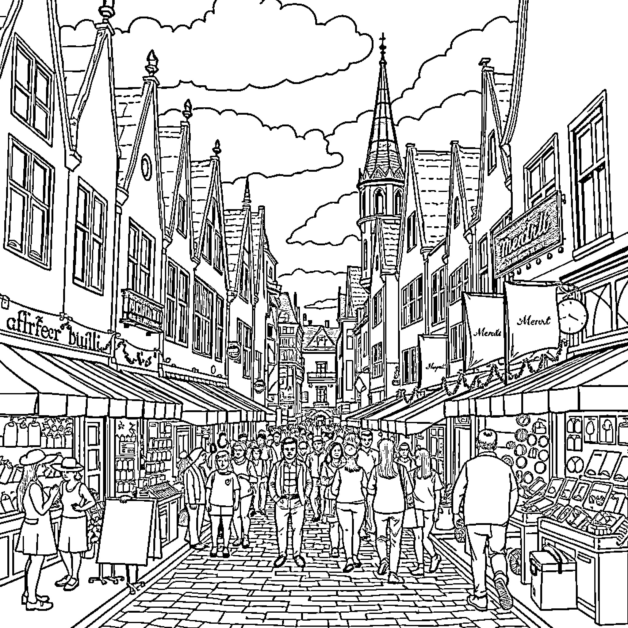 Meerkt: Bustling Marketplace in a Medieval Town Coloring Page (free black-and-white line drawing printable PDF for all, from beginners to advanced learners, including children, teens, adults, and seniors)