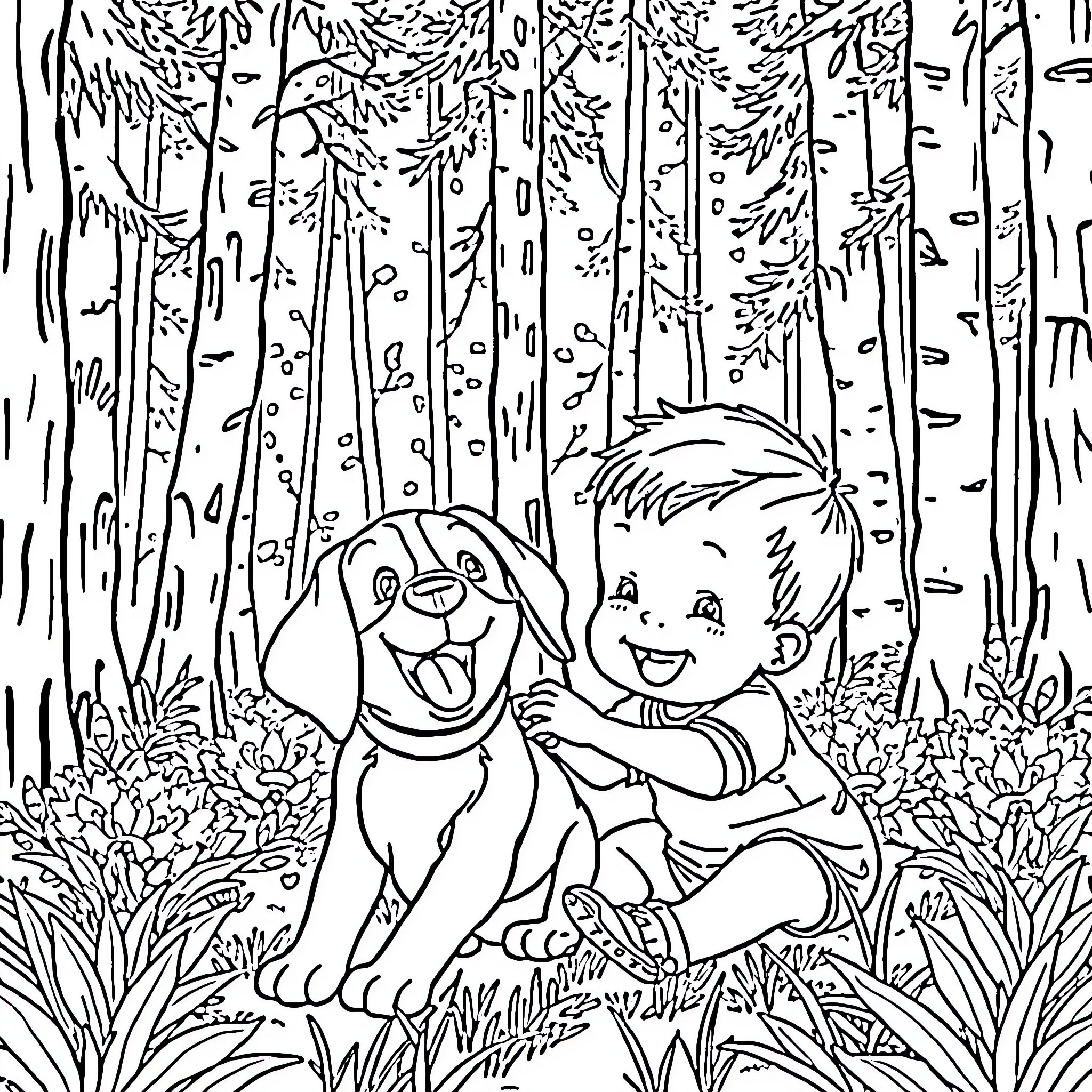 Beagle and child playing in the forest Coloring Page (free black-and-white line drawing printable PDF for all, from beginners to advanced learners, including children, teens, adults, and seniors)