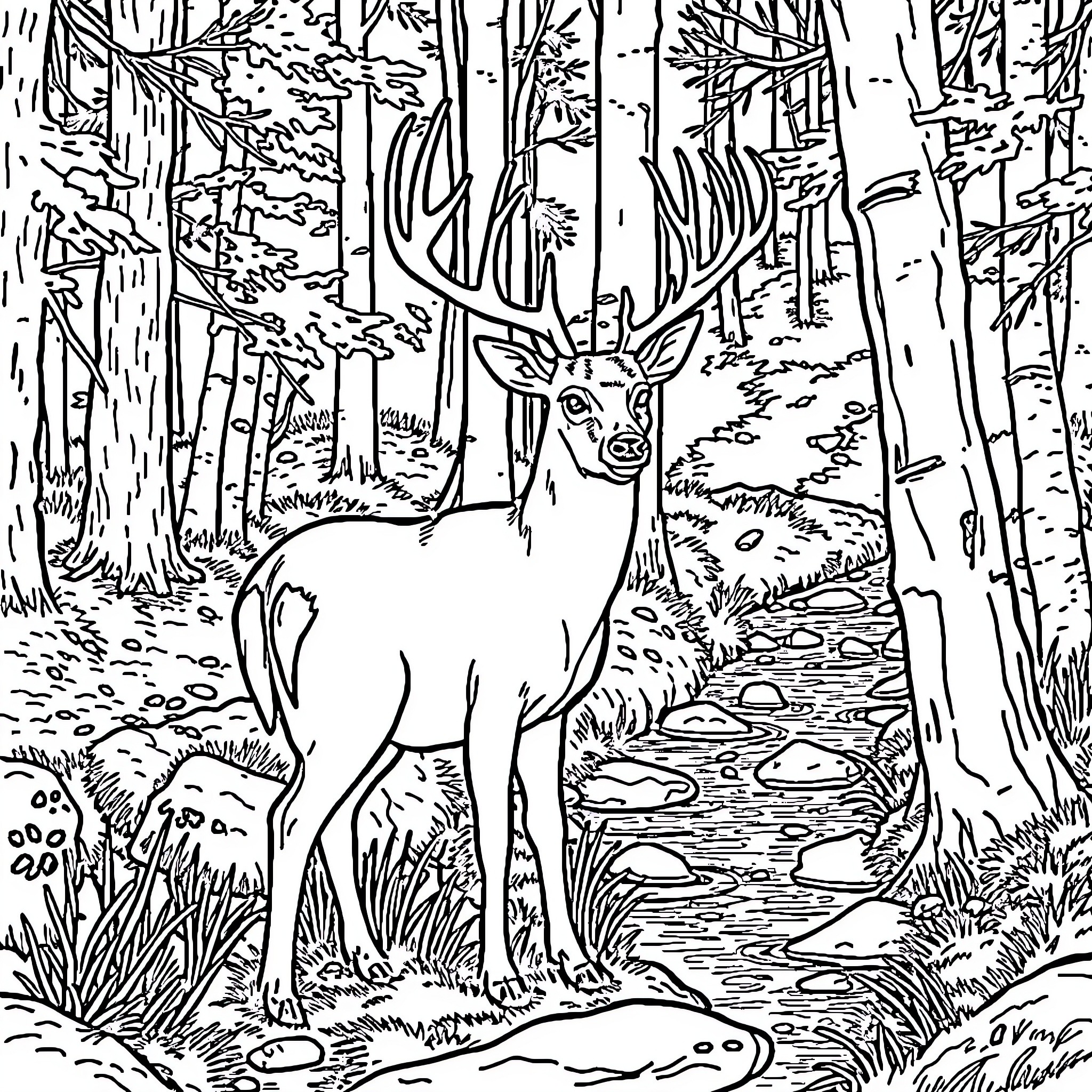 Deer standing in the peaceful forest Coloring Page (free black-and-white line drawing printable PDF for all, from beginners to advanced learners, including children, teens, adults, and seniors)
